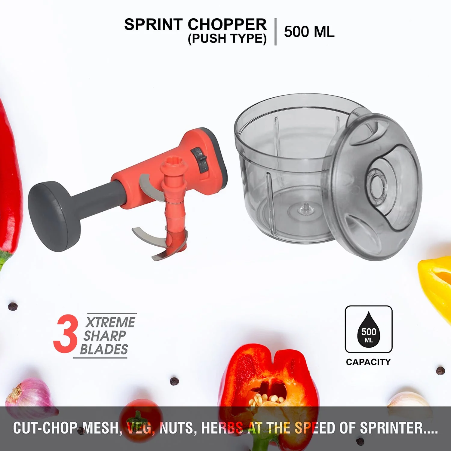 Matte Finish Hand Press Chopper with 3 Blades for Easy Vegetable & Fruit Chopping - Image 5