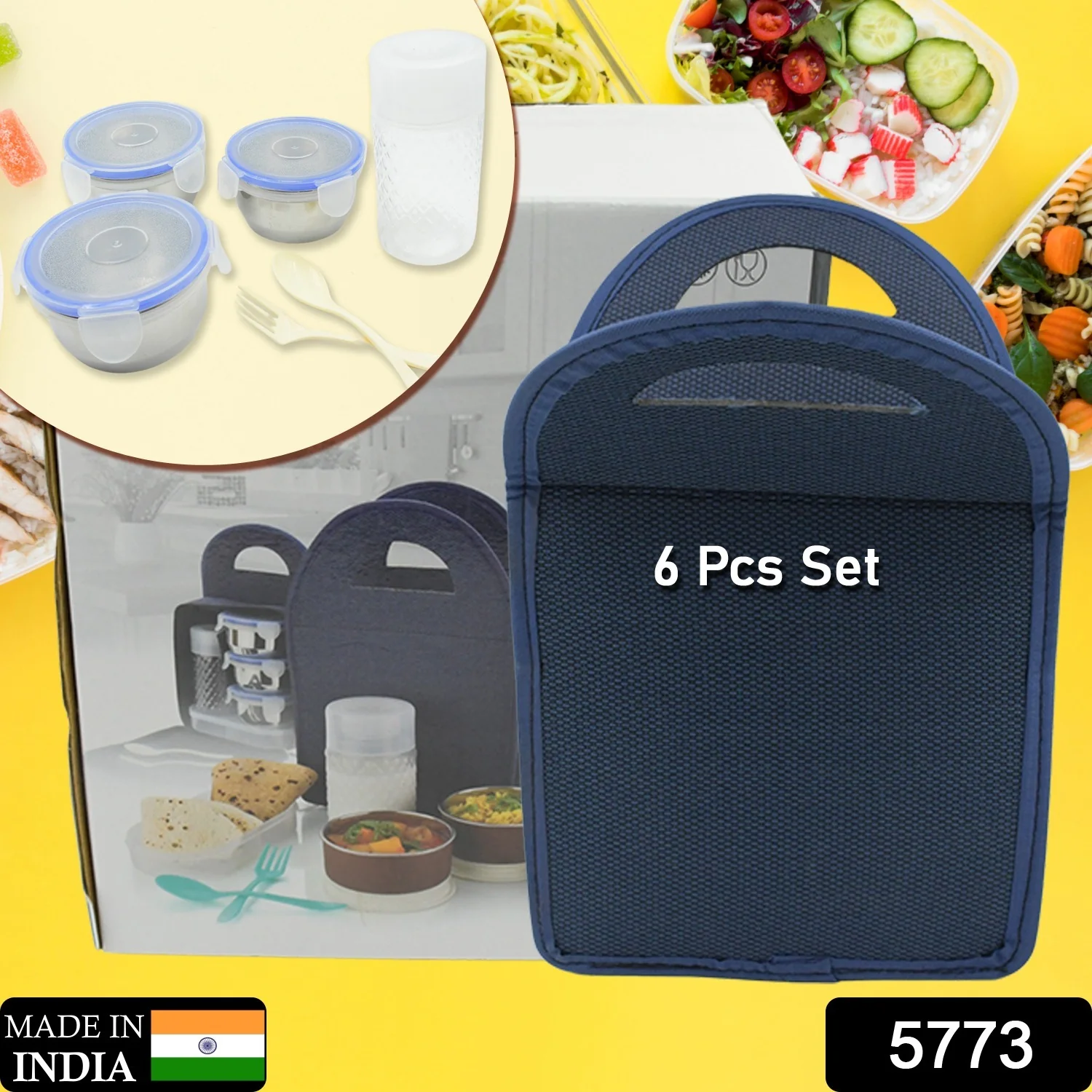 6In1 Tiffin Box-Lunch Box | 3 Stainless Steel Containers | Plastic lid Box | Spoon & Fork /Plastic Bottle | Insulated Fabric Bag | Leak Proof | Microwave Safe  for Office, College and School  (6 pcs) - Image 2