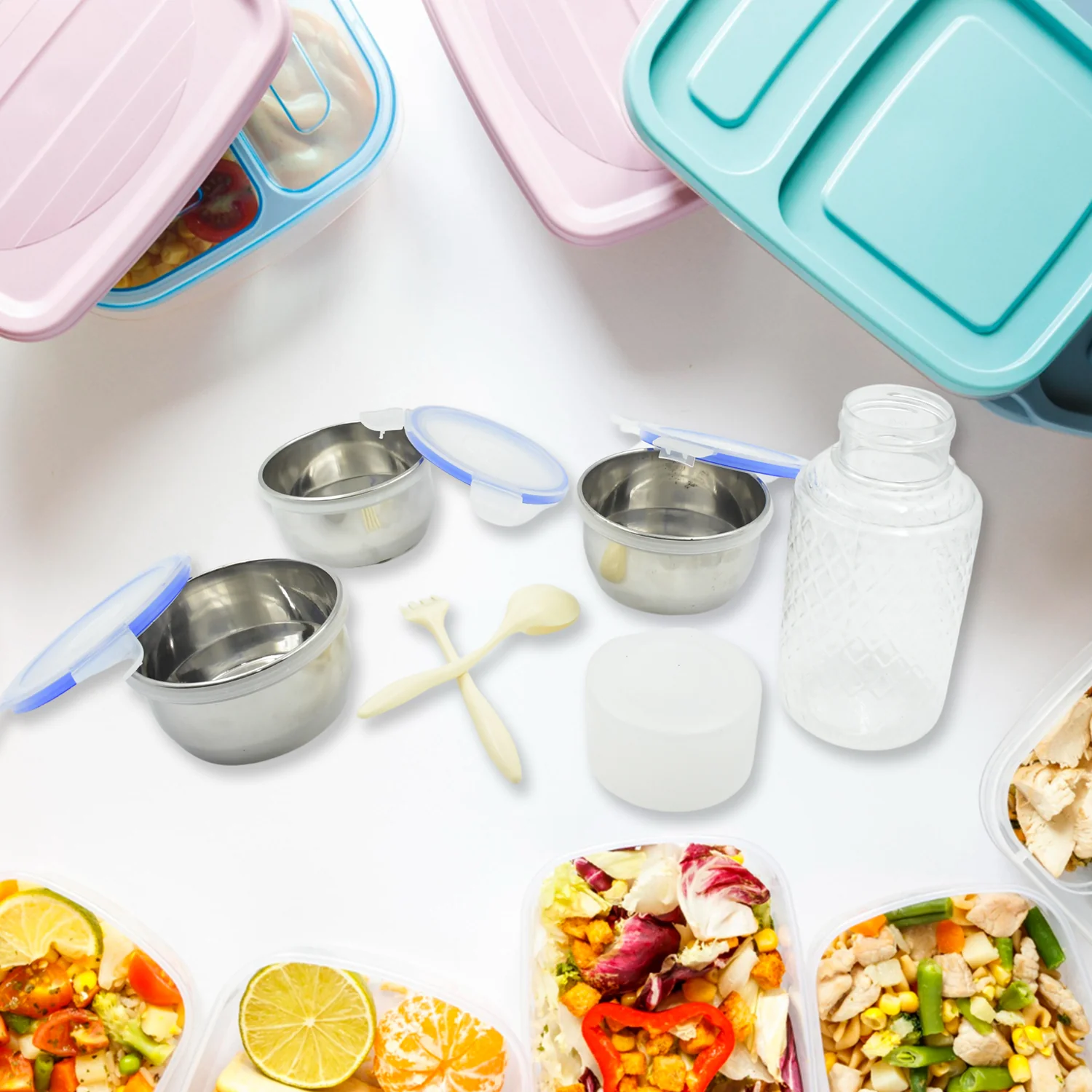 6In1 Tiffin Box-Lunch Box | 3 Stainless Steel Containers | Plastic lid Box | Spoon & Fork /Plastic Bottle | Insulated Fabric Bag | Leak Proof | Microwave Safe  for Office, College and School  (6 pcs) - Image 3