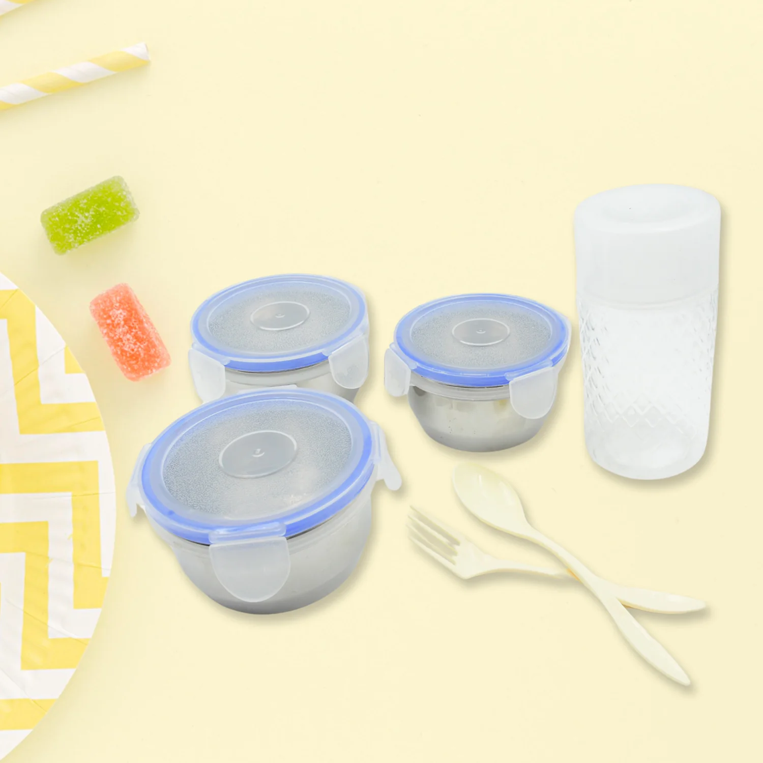 6In1 Tiffin Box-Lunch Box | 3 Stainless Steel Containers | Plastic lid Box | Spoon & Fork /Plastic Bottle | Insulated Fabric Bag | Leak Proof | Microwave Safe  for Office, College and School  (6 pcs) - Image 5