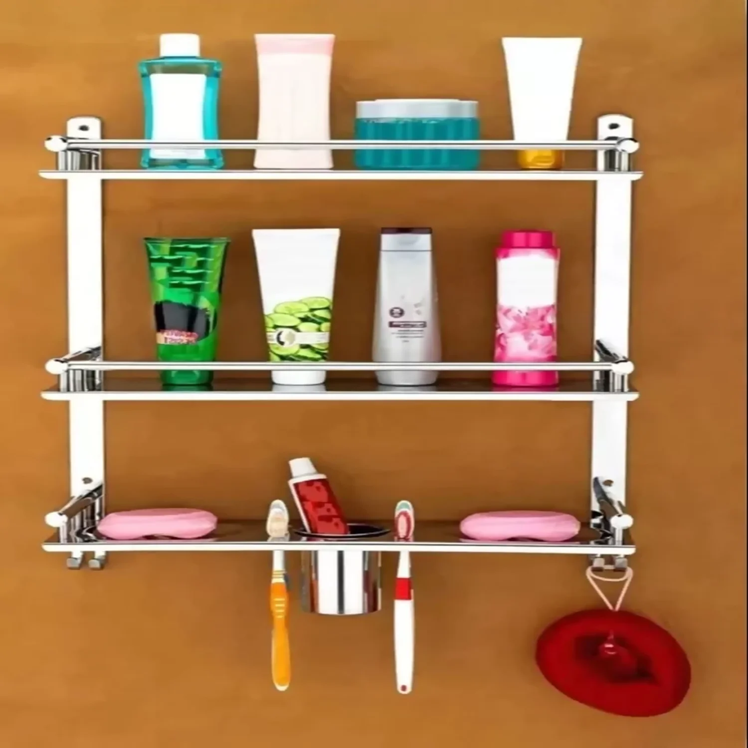6 in 1 Wall Mounted Storage Shelf Organizer Rack for Bathroom & Kitchen Use - Image 4