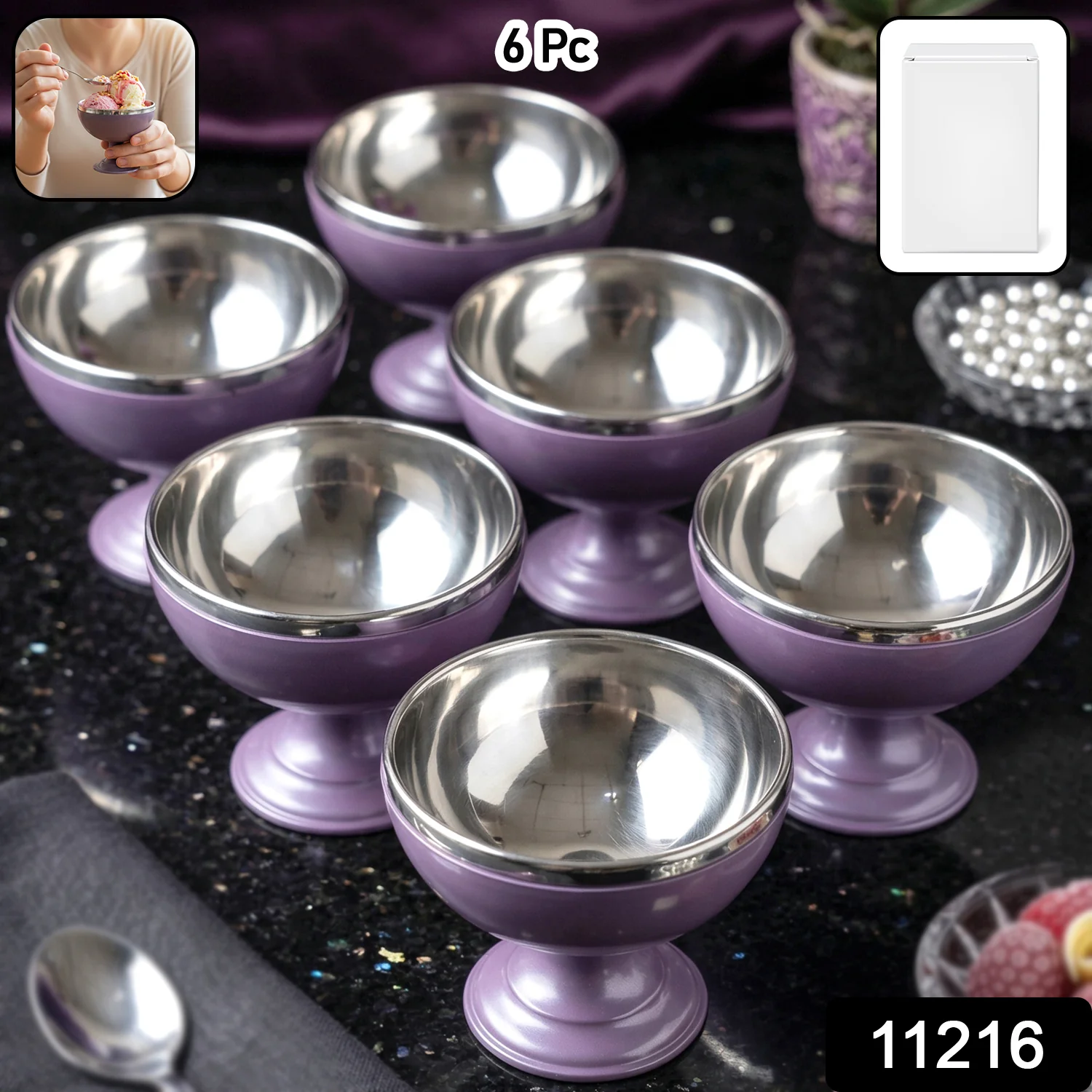 6 Pc Stainless Steel Dessert Bowl Cup Set with Stand - Image 2