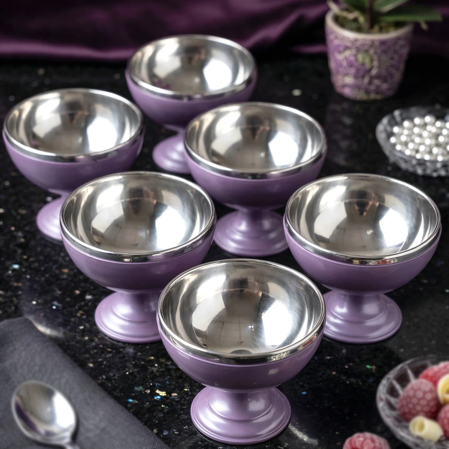 6 Pc Stainless Steel Dessert Bowl Cup Set with Stand - Image 3