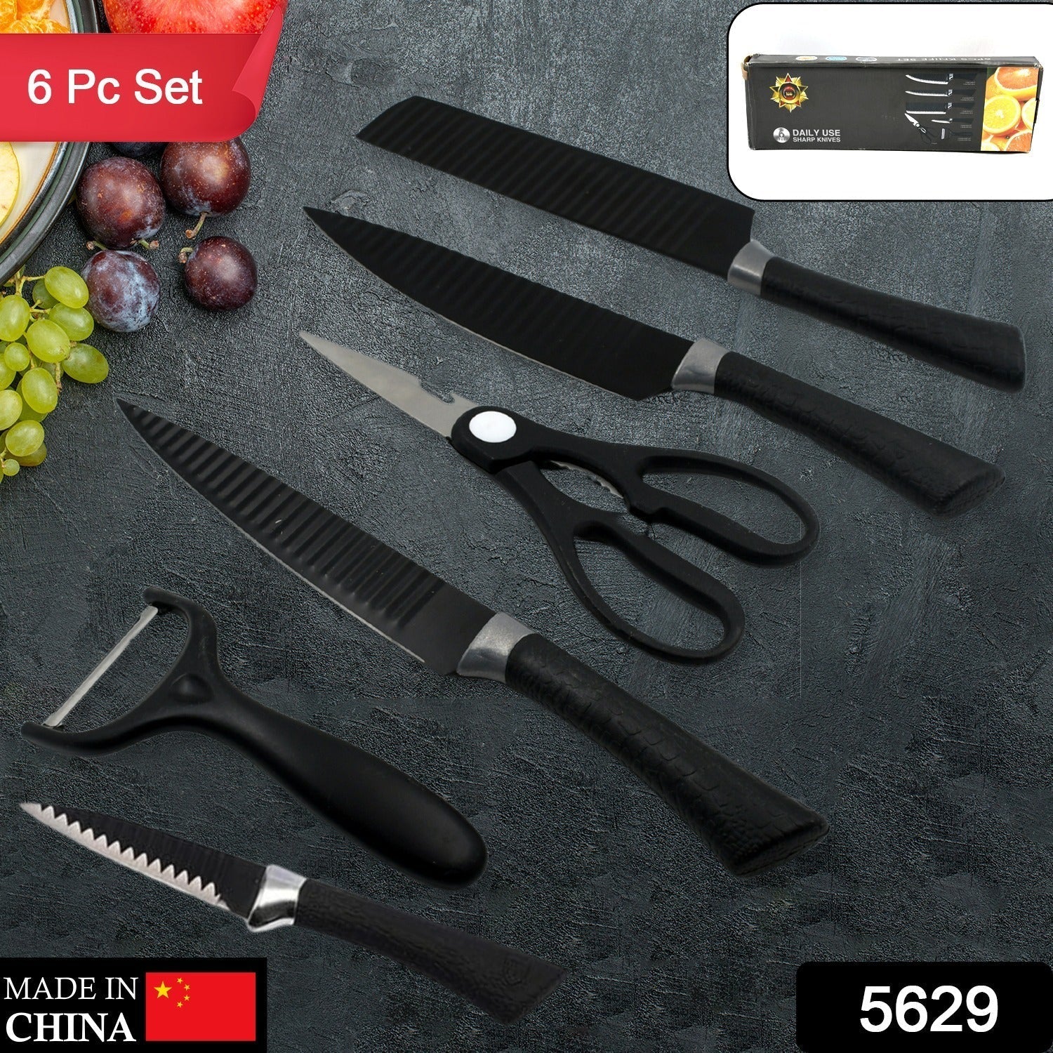 6 Pcs Professional Kitchen Knife Set with Non-Slip Handle, Peeler & Scissor - Image 2