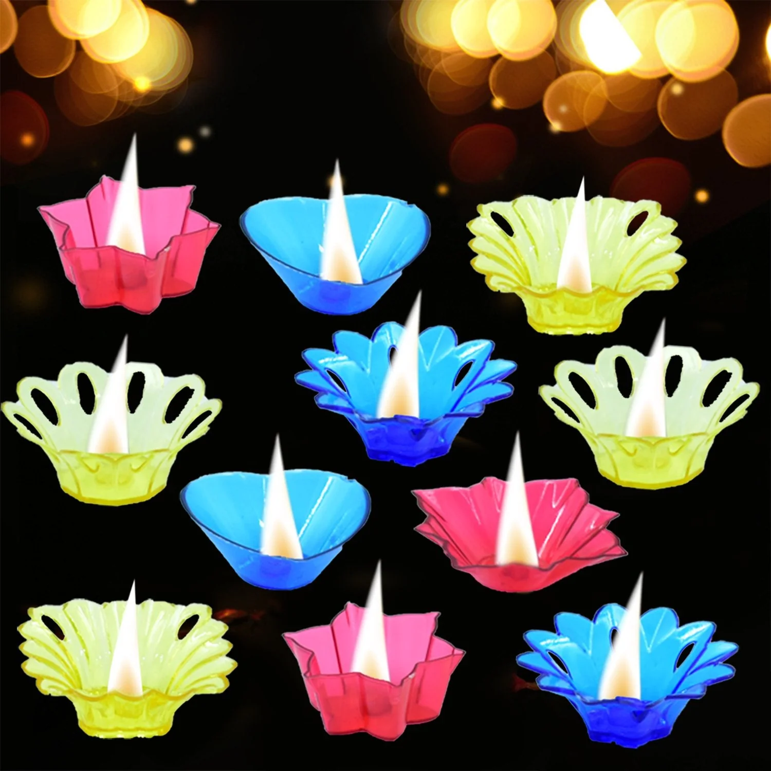 Plastic Candle Cup with Multi Shape Diwali Diya Cup, Diwali (Multicolor) (12 Pcs Set) - Image 3
