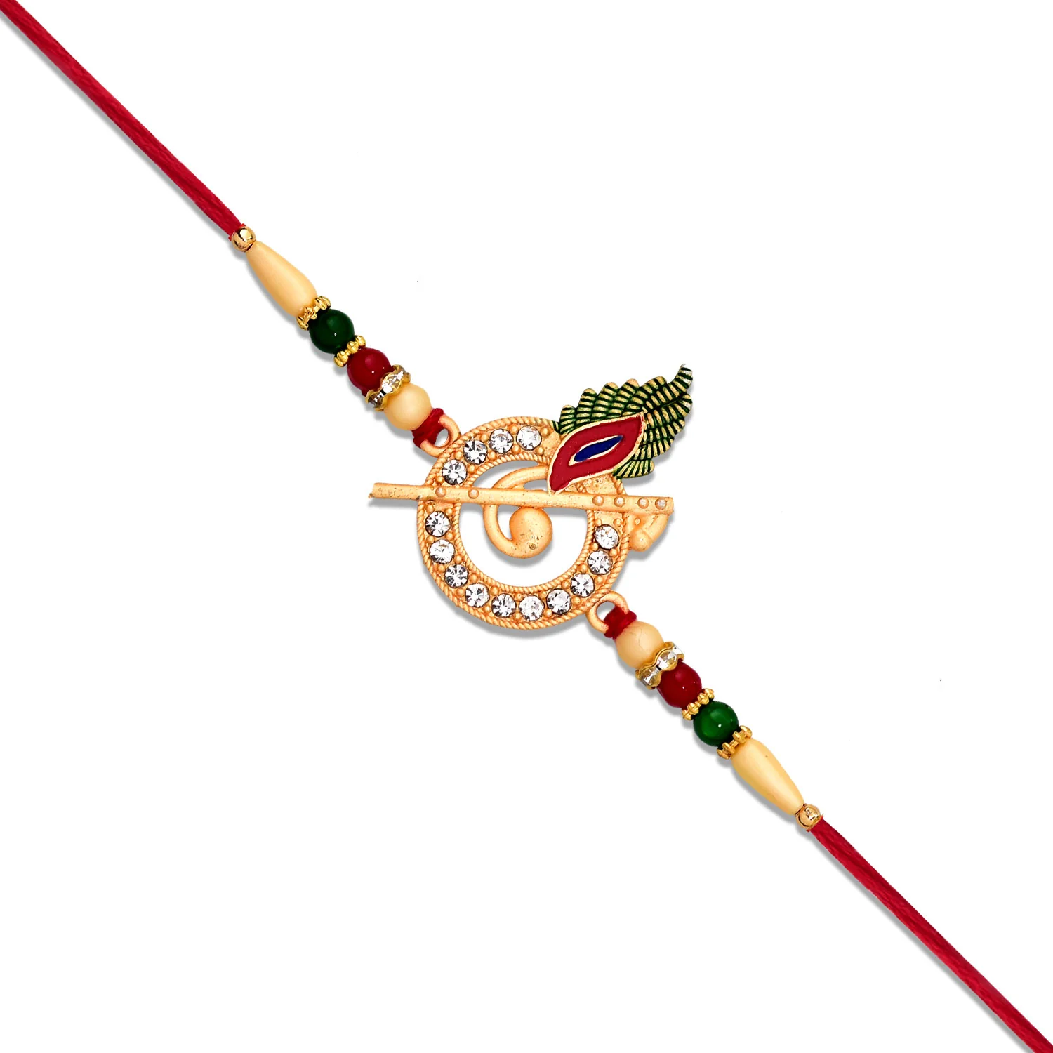 Krishna Flute Rakhi with Stone Studded Peacock Feather Design - Image 3
