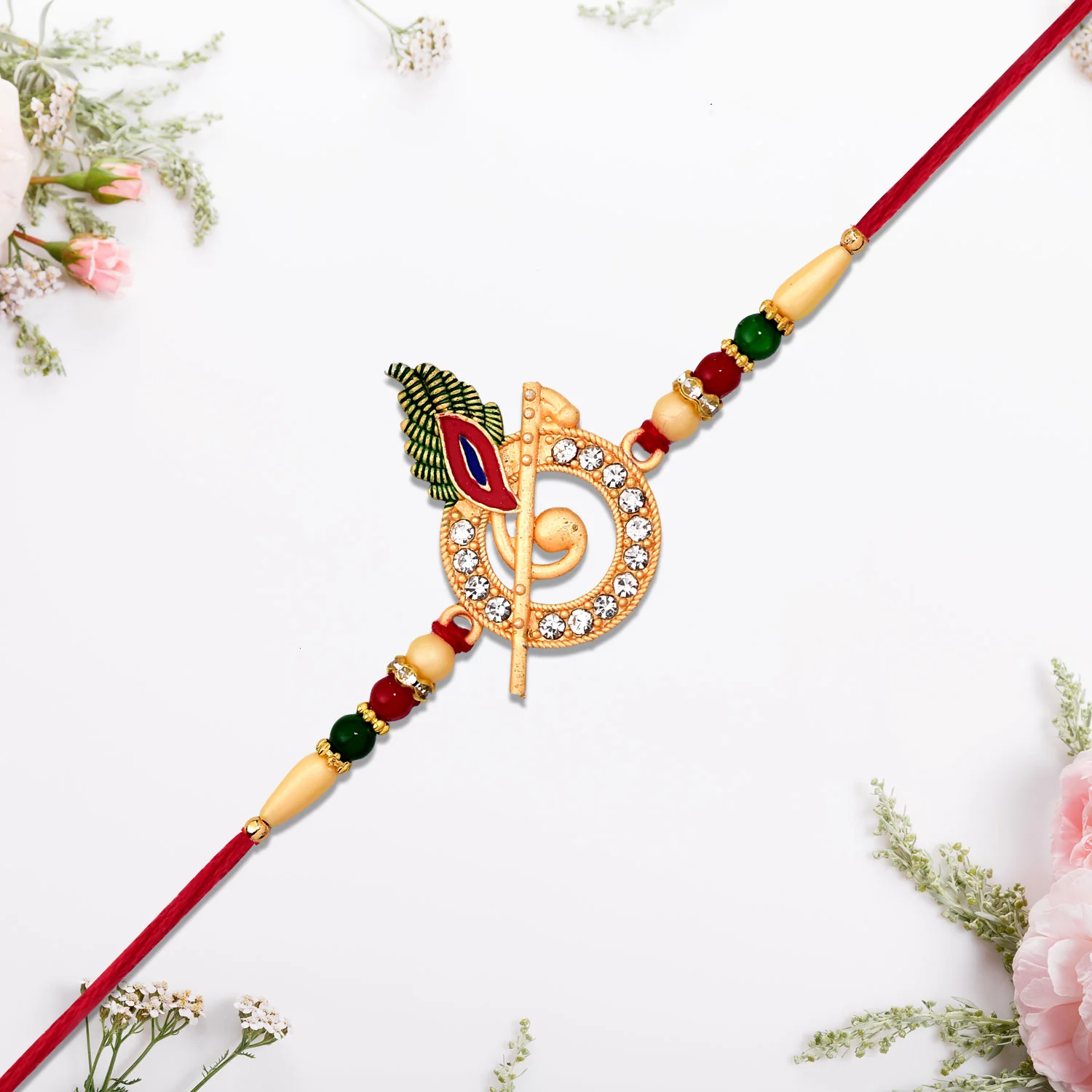 Krishna Flute Rakhi with Stone Studded Peacock Feather Design - Image 4