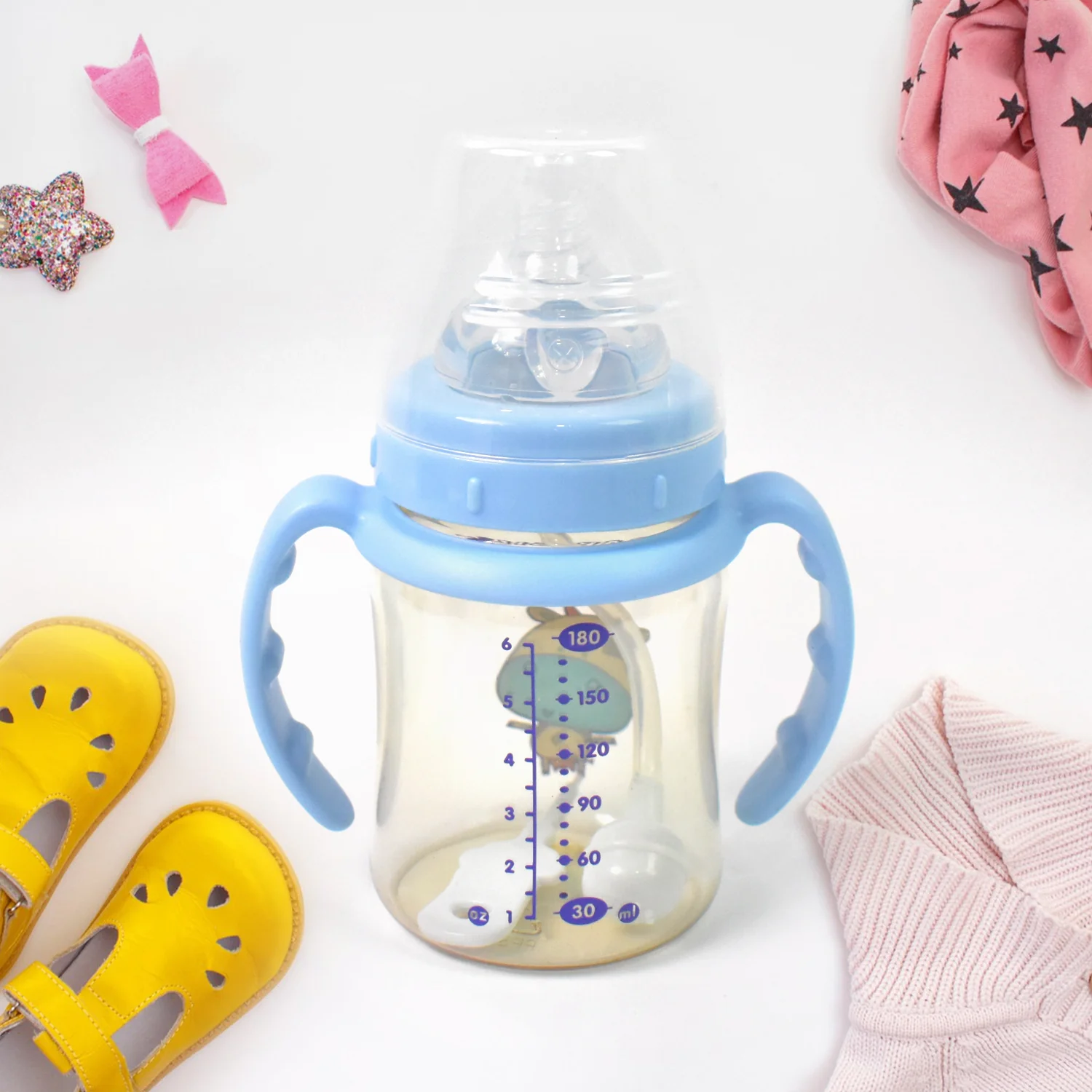 Plastic Baby Feeding Bottle with Handles, Cleaning brush & Straw (180 ML / 1 Pc) - Image 3
