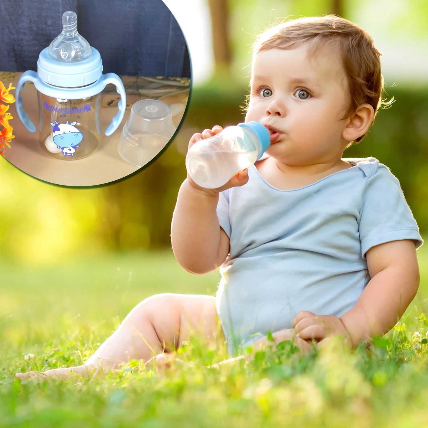 Plastic Baby Feeding Bottle with Handles, Cleaning brush & Straw (180 ML / 1 Pc) - Image 4