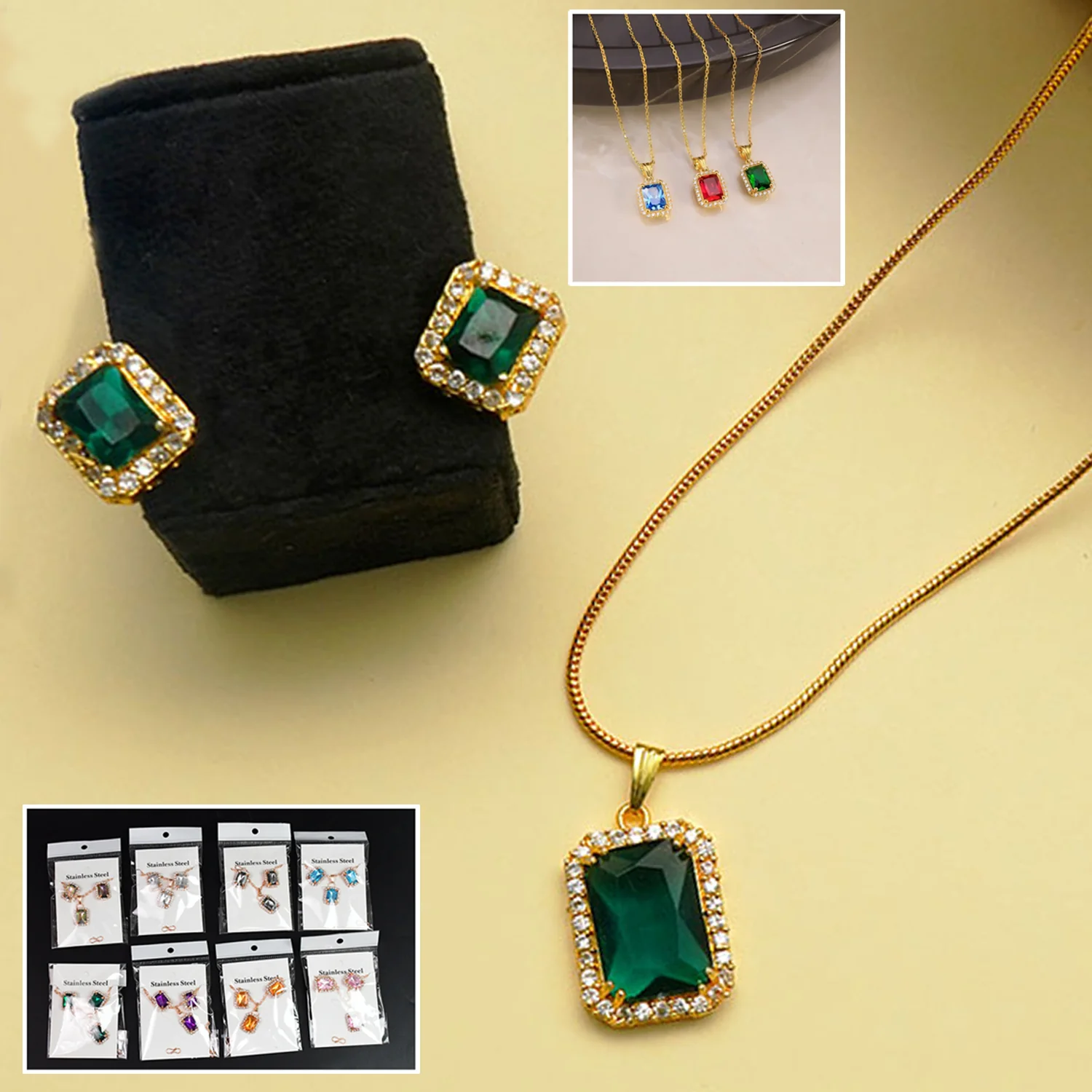 Stone Pendant Necklace Chain Set with Earrings (1 Set / Mix Color & Design) - Image 3