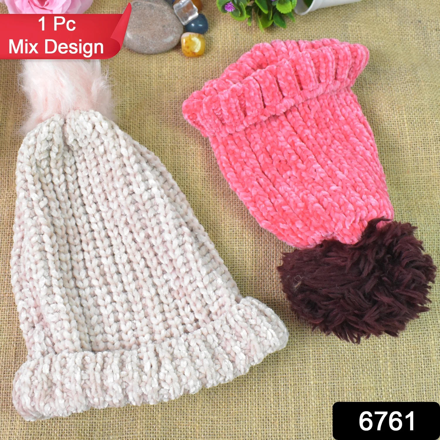 Soft Winter Cap, Woolen Inside Fur Beanie Cap (1 Pc / Mix Design & Color) - Image 2