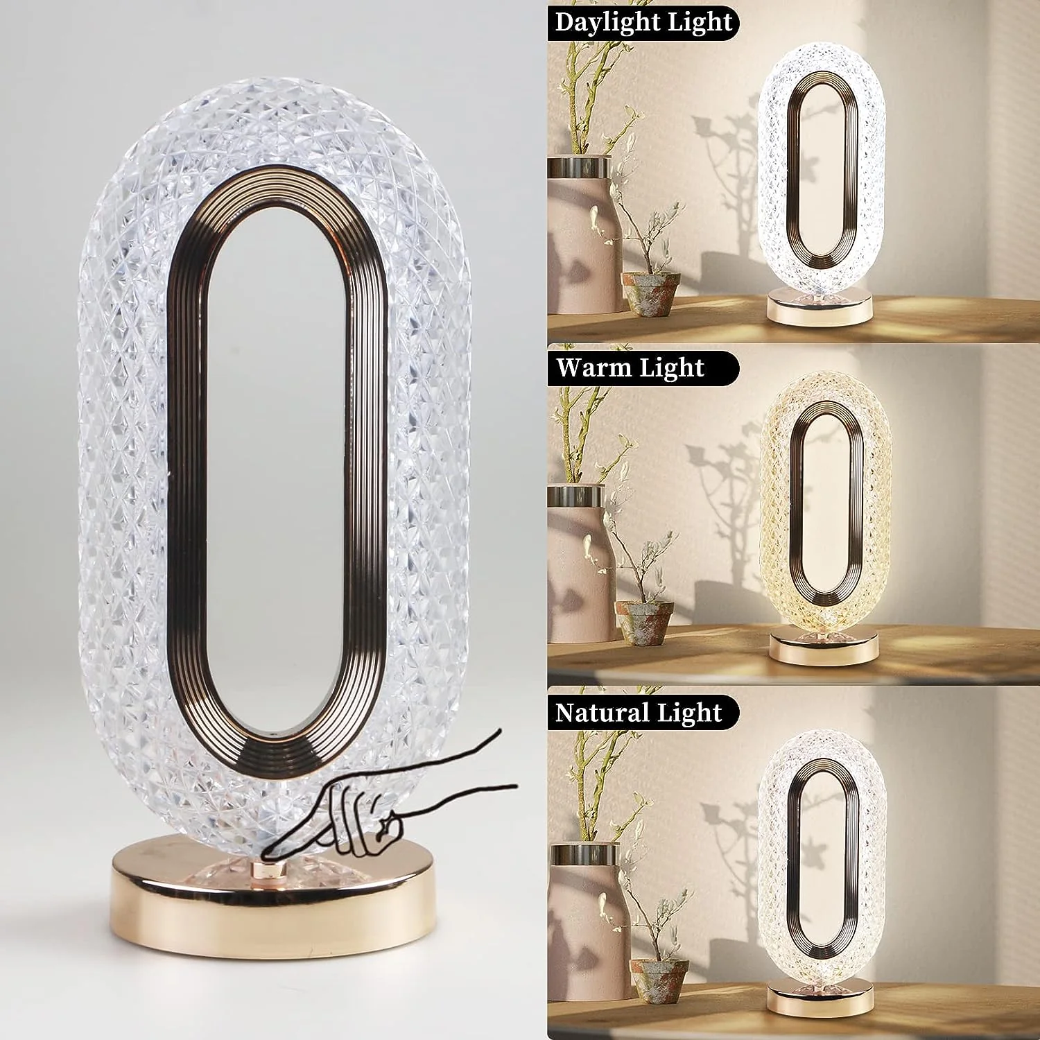Touch Control Crystal Table Desk Lamp, 3-Way Dimmable Light, USB Rechargeable Crystal Diamond Table Lamp, Exquisite Night Stand Light Lamp Beside Lamp for Bedroom Living Room, Decorative Desk Lamp, Diwali - Image 3