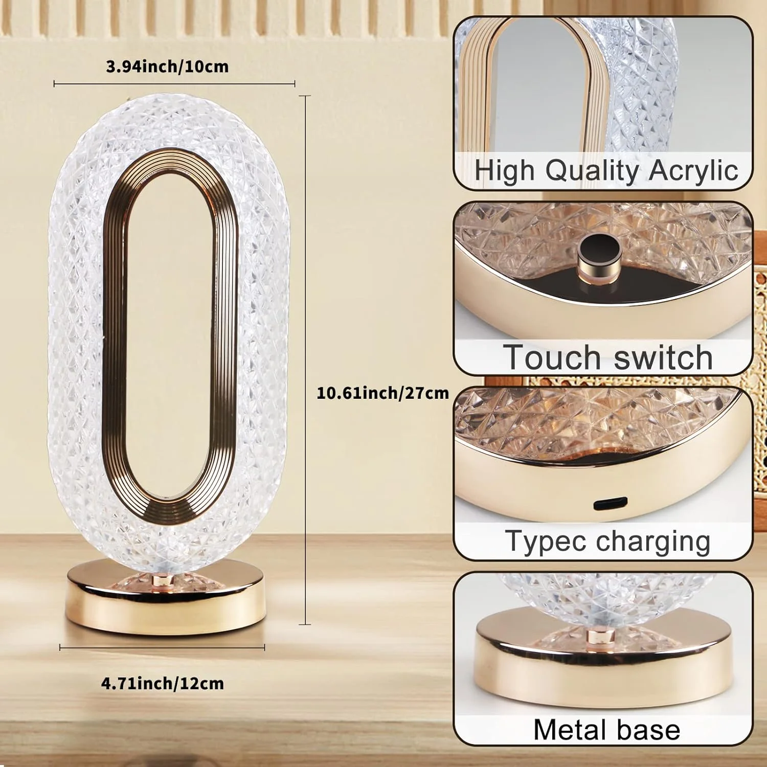 Touch Control Crystal Table Desk Lamp, 3-Way Dimmable Light, USB Rechargeable Crystal Diamond Table Lamp, Exquisite Night Stand Light Lamp Beside Lamp for Bedroom Living Room, Decorative Desk Lamp, Diwali - Image 8