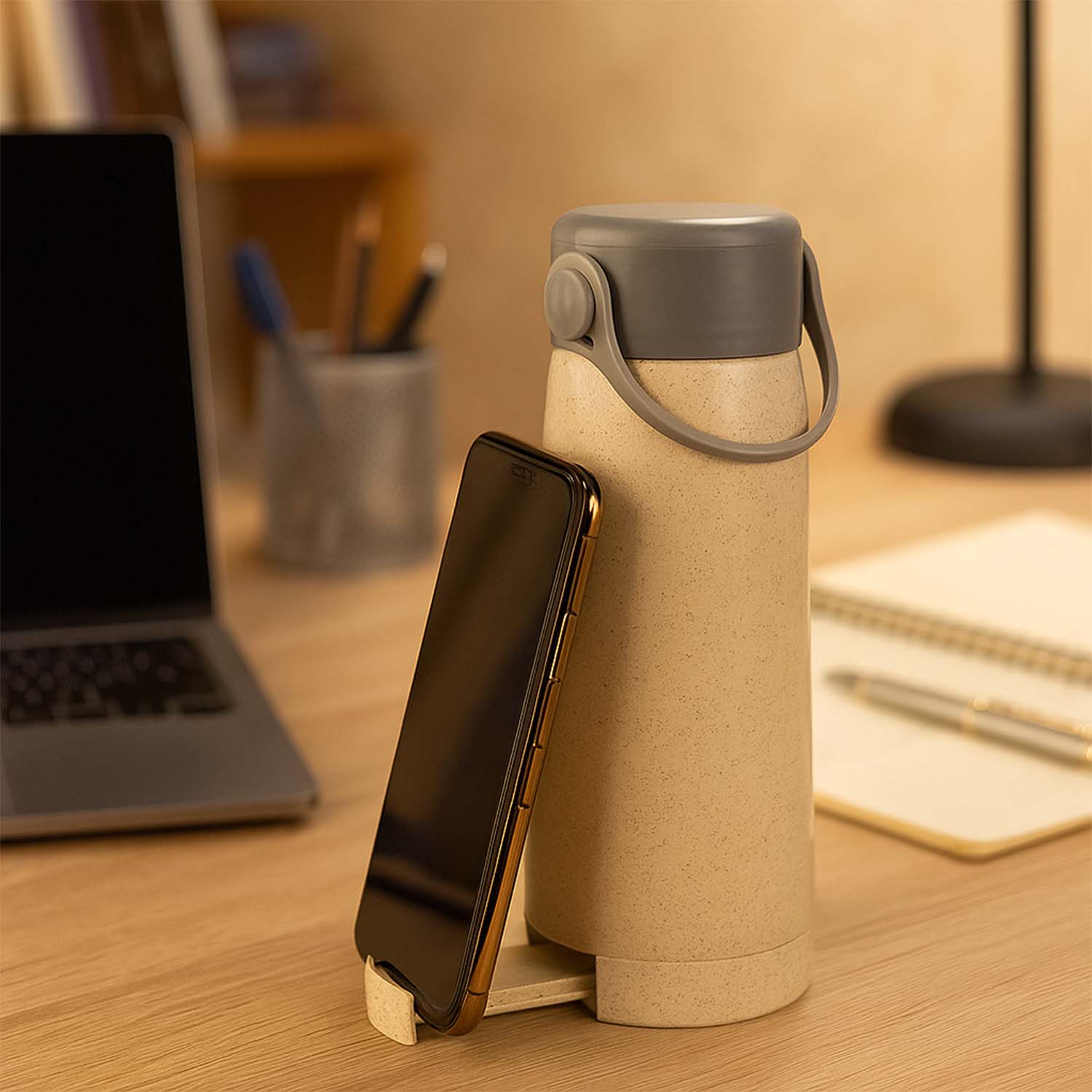 Creative Wheat Glass Water Bottle with Phone Holder (380ml) - Image 3