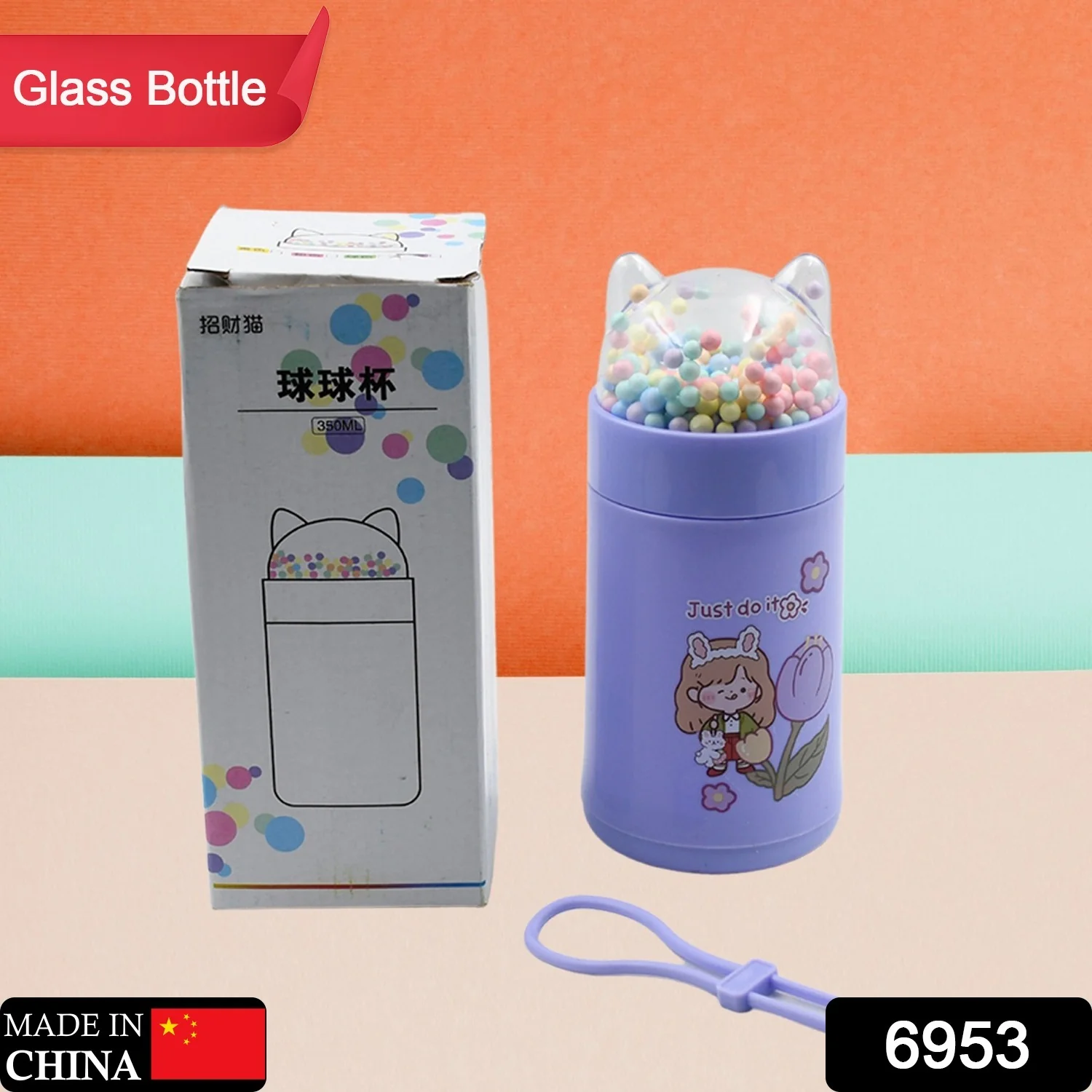 Girl Glass Water Bottle for School with Kid Sparkle Strap Cat 350ml (MOQ :- 75 pc) - Image 2