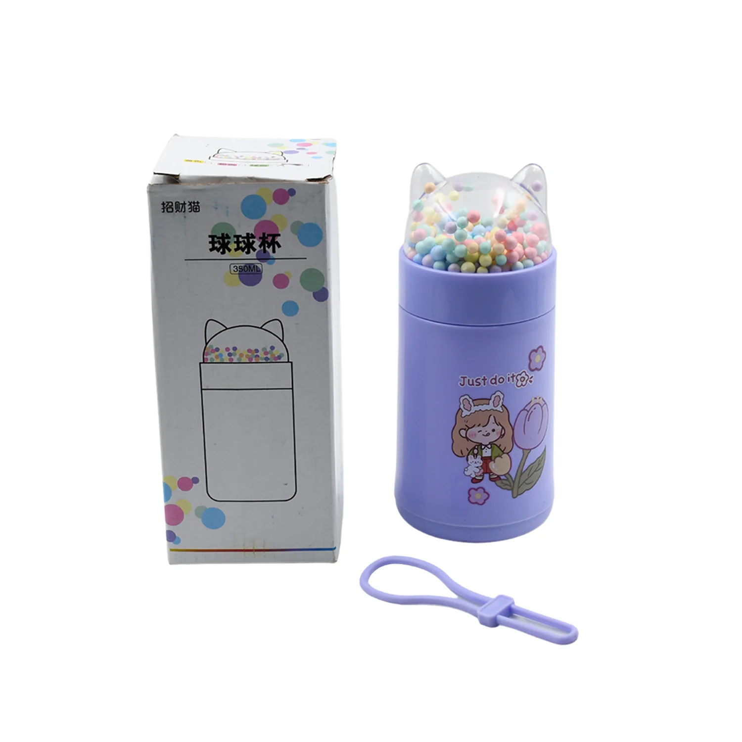 Girl Glass Water Bottle for School with Kid Sparkle Strap Cat 350ml (MOQ :- 75 pc) - Image 5