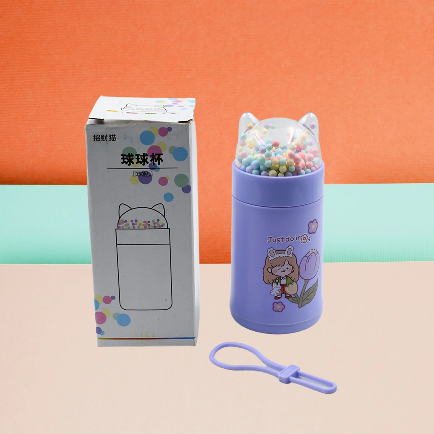 Girl Glass Water Bottle for School with Kid Sparkle Strap Cat 350ml (MOQ :- 75 pc) - Image 7