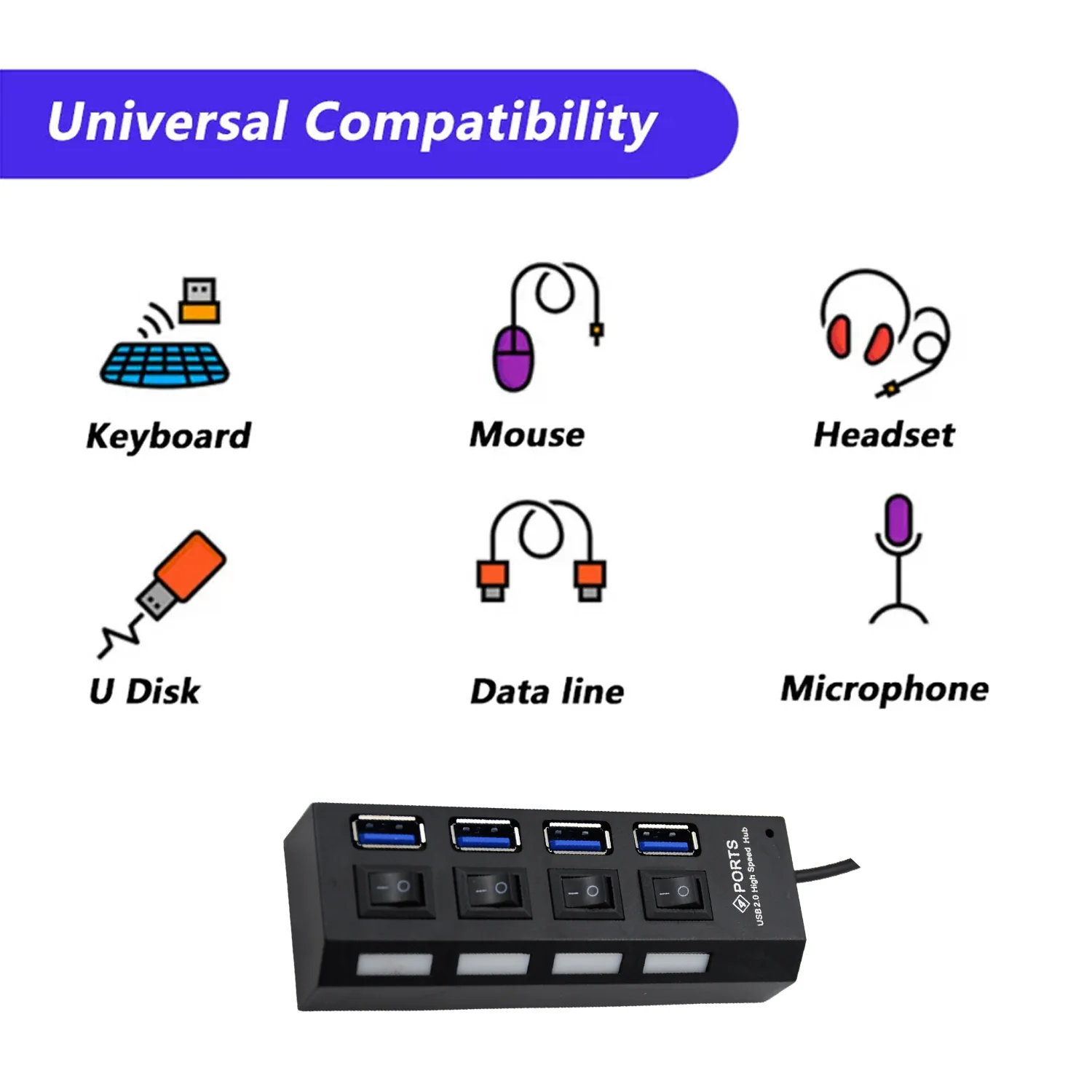 4 Port USB, HUB USB 2.0 HUB Splitter High Speed with On/Off Switch Multi LED Adapter - Image 5