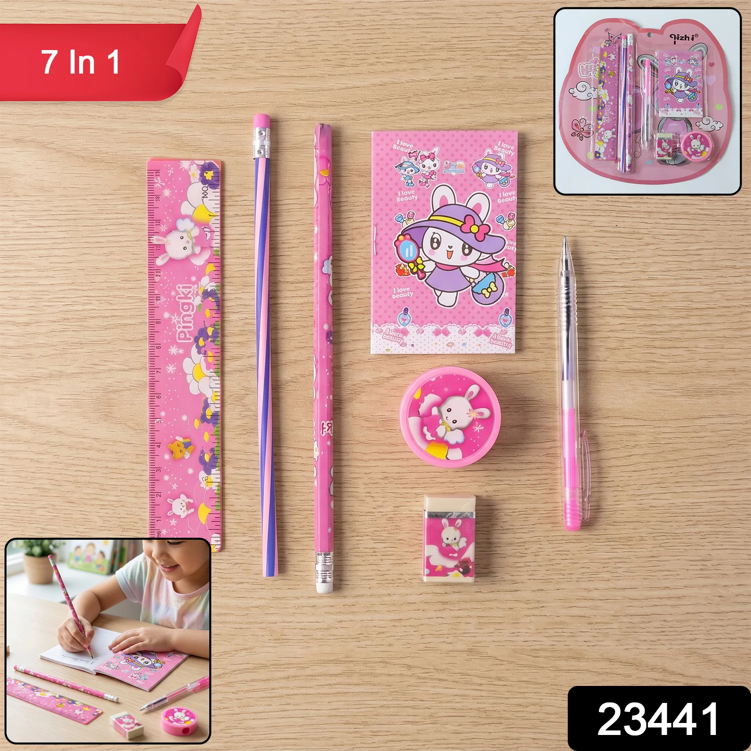 7-In-1 Cute Pink Stationery Set with Ruler, Pencil, Eraser, Pen, Notebook, Sharpener - Image 2