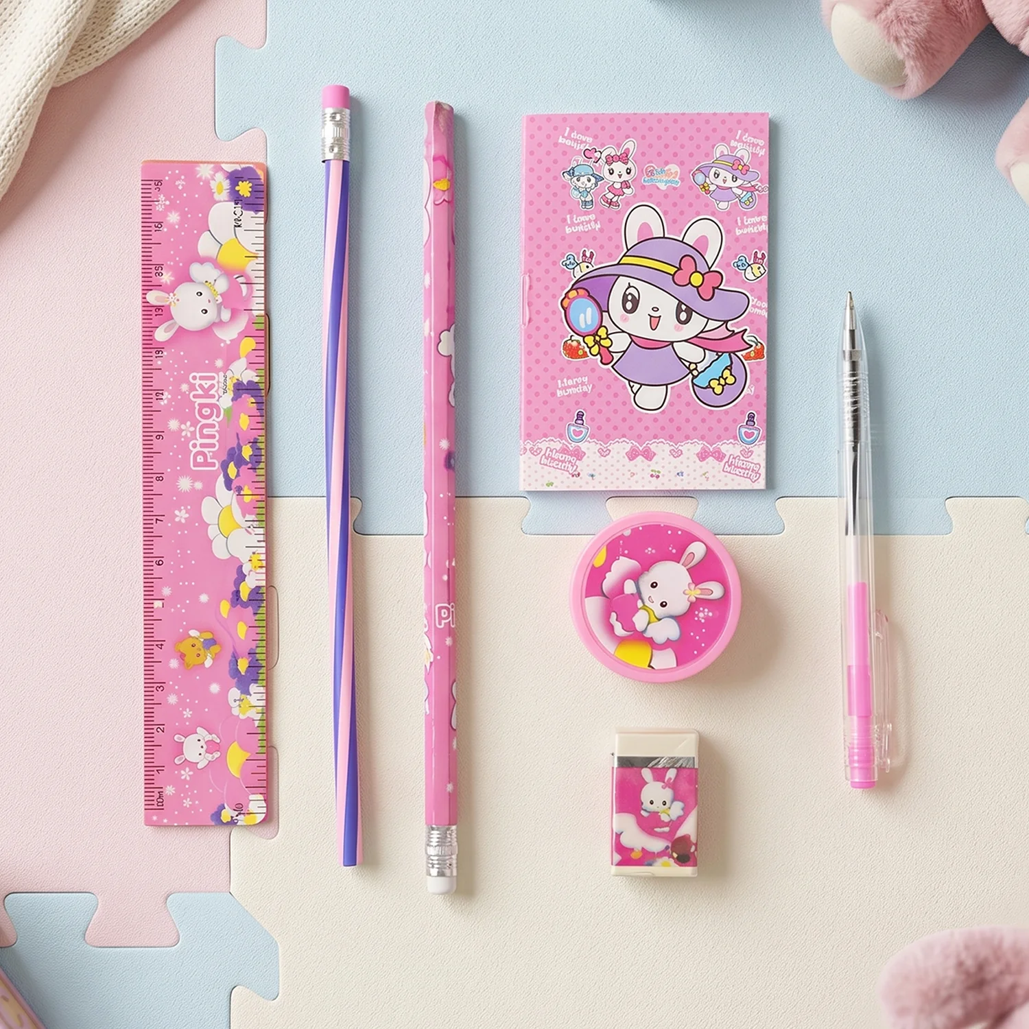 7-In-1 Cute Pink Stationery Set with Ruler, Pencil, Eraser, Pen, Notebook, Sharpener - Image 3