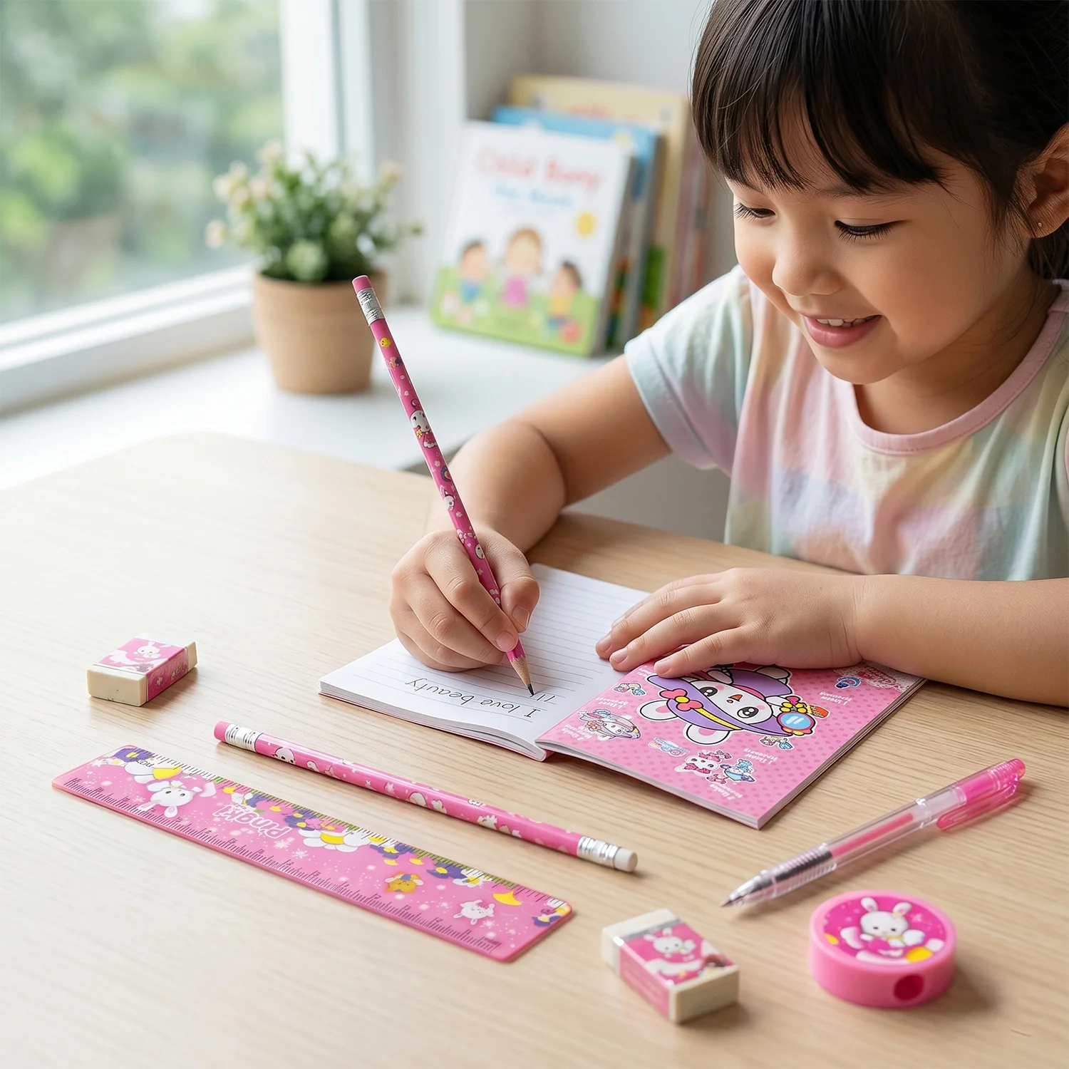 7-In-1 Cute Pink Stationery Set with Ruler, Pencil, Eraser, Pen, Notebook, Sharpener - Image 4