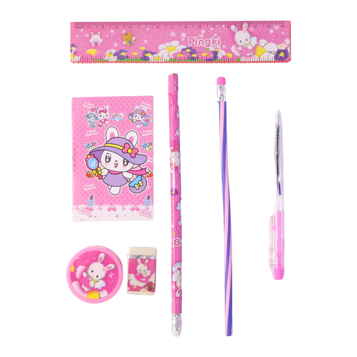 7-In-1 Cute Pink Stationery Set with Ruler, Pencil, Eraser, Pen, Notebook, Sharpener - Image 5