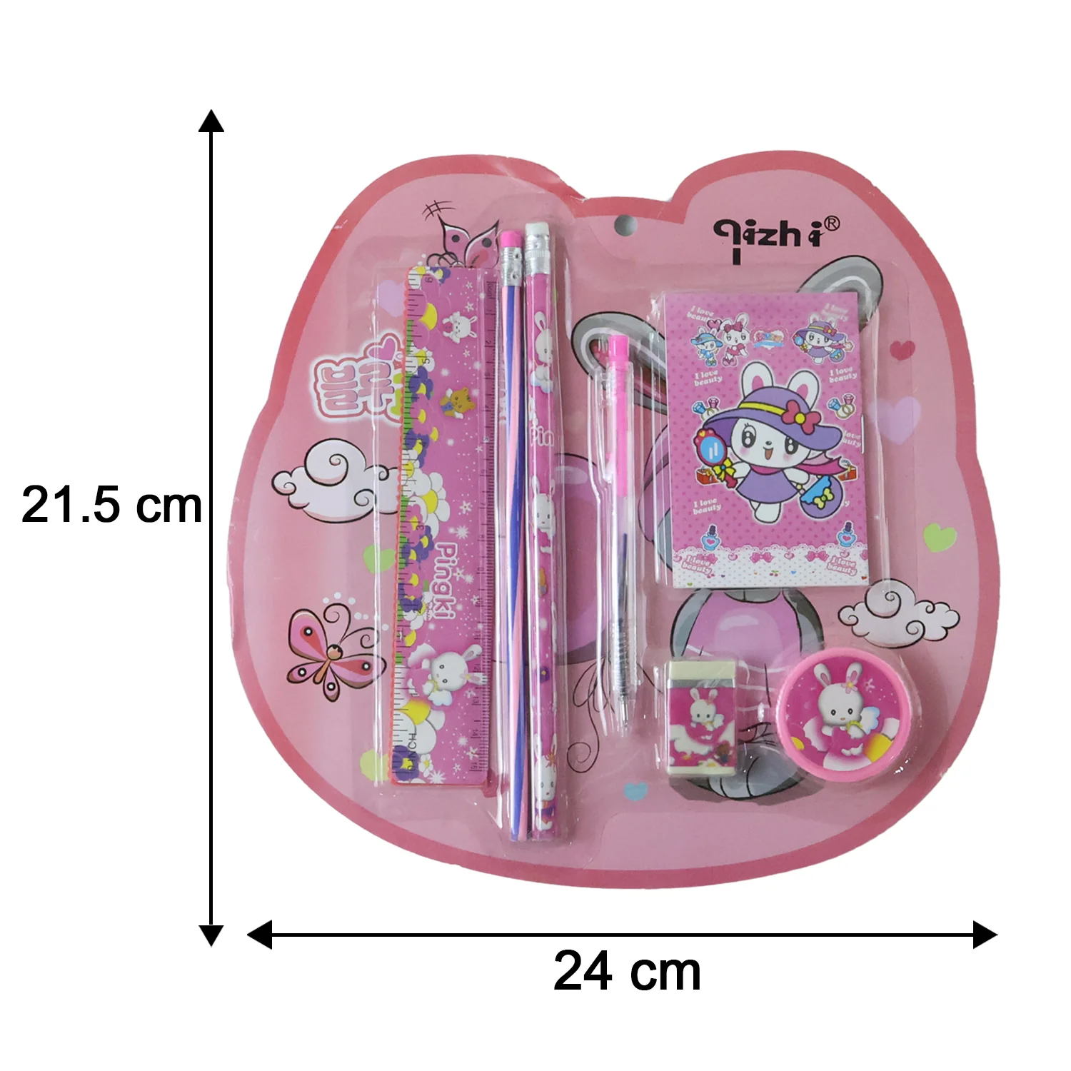 7-In-1 Cute Pink Stationery Set with Ruler, Pencil, Eraser, Pen, Notebook, Sharpener - Image 6