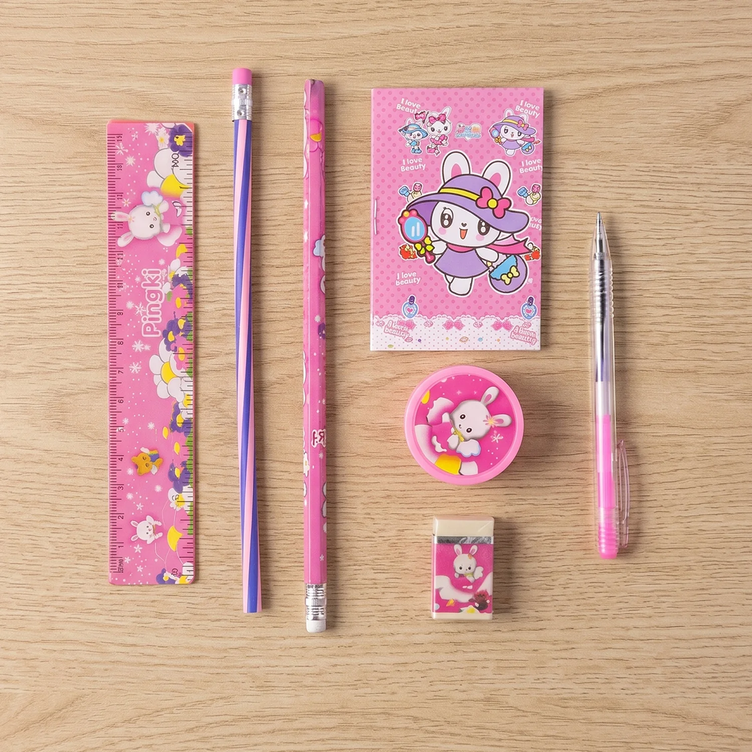 7-In-1 Cute Pink Stationery Set with Ruler, Pencil, Eraser, Pen, Notebook, Sharpener - Image 8