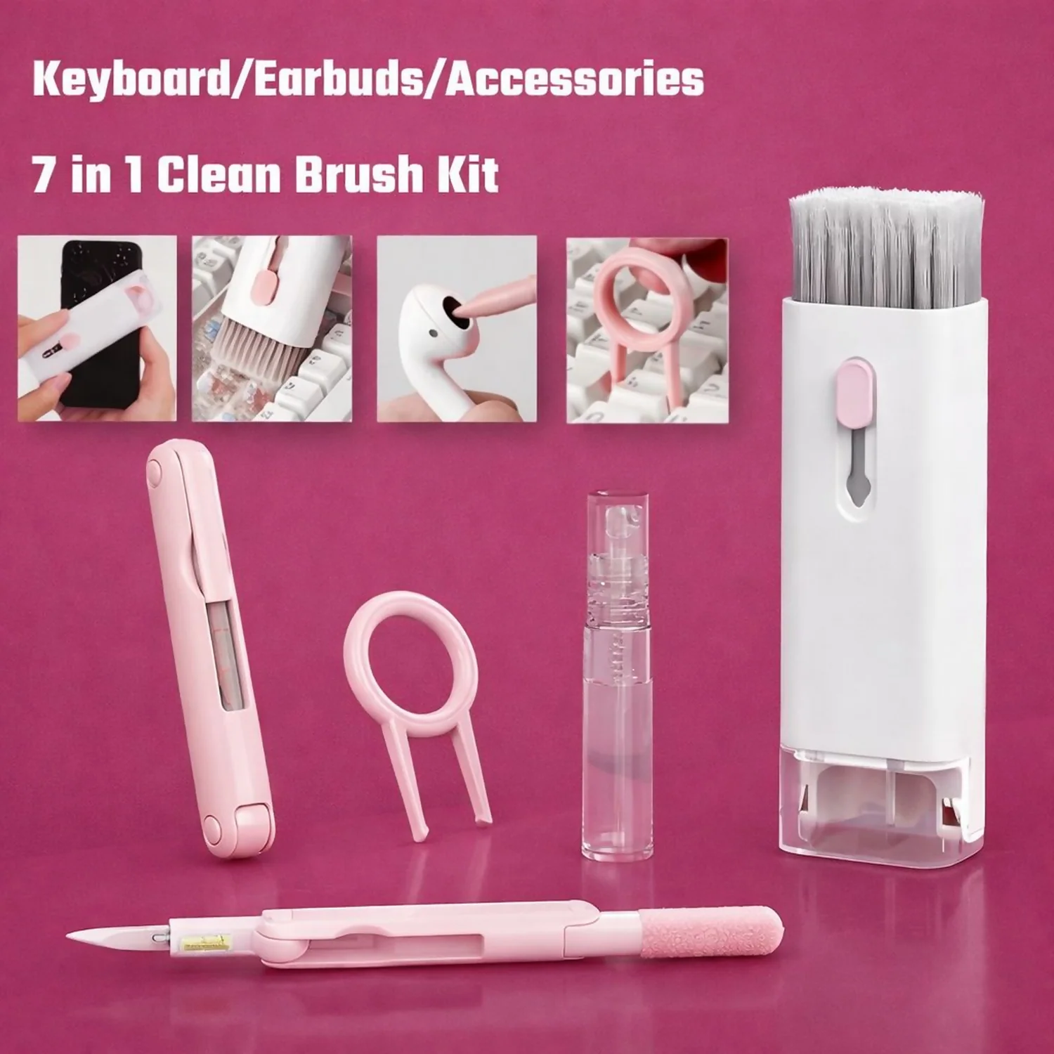 7-in-1 Keyboard & Earbuds Cleaning Kit with Brush Spray Tools – Pink - Image 3