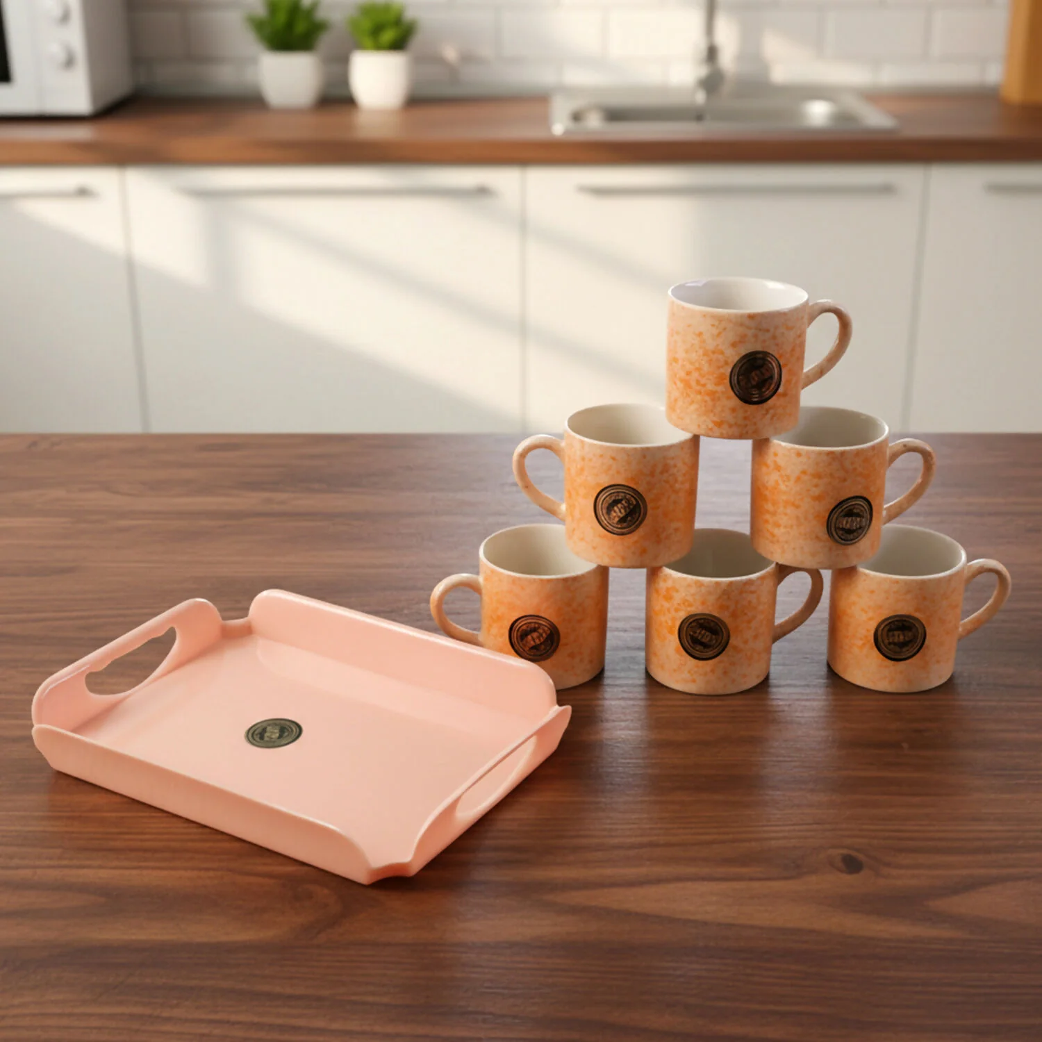 7-Piece Ceramic Coffee Mug Set with Serving Tray - Image 2