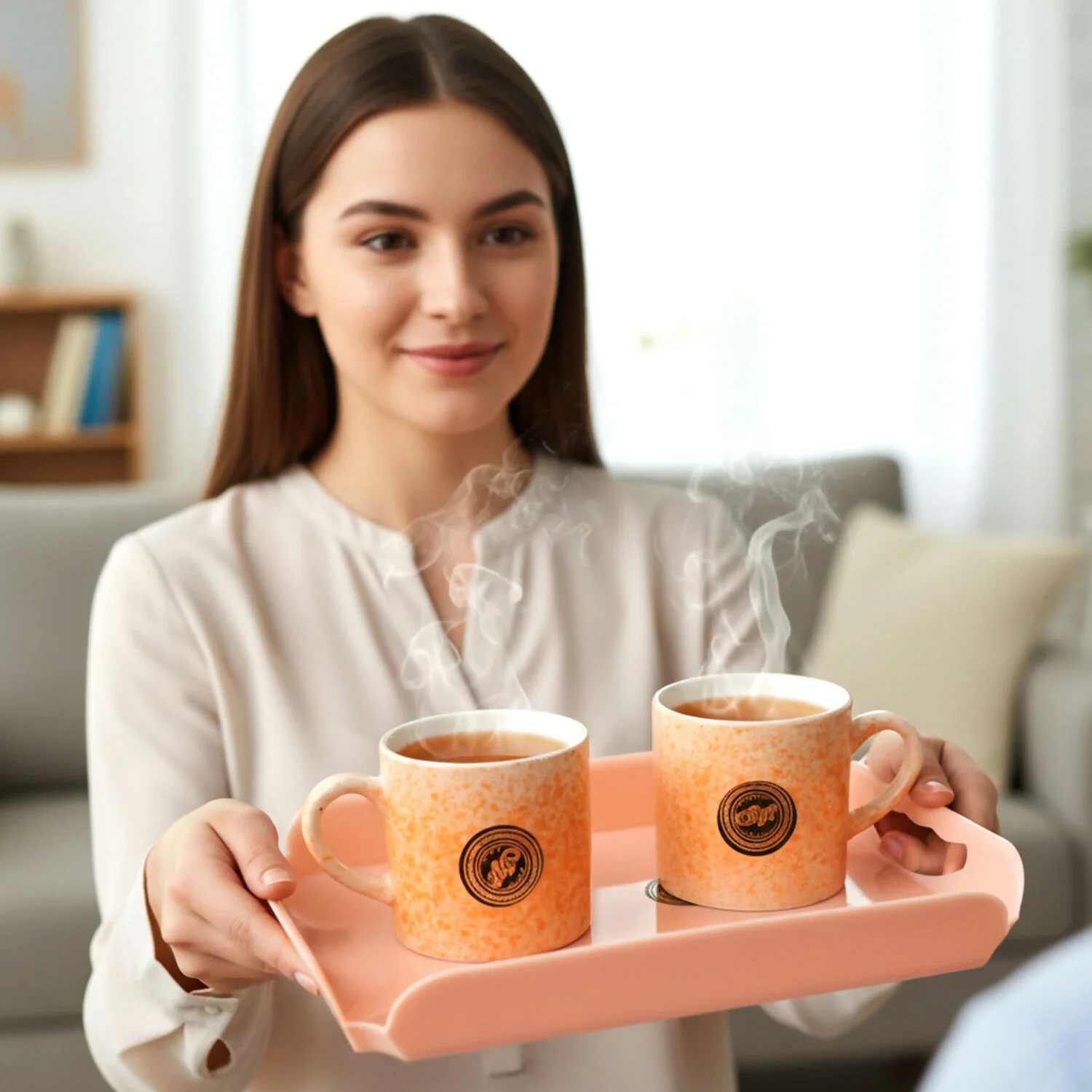 7-Piece Ceramic Coffee Mug Set with Serving Tray - Image 3