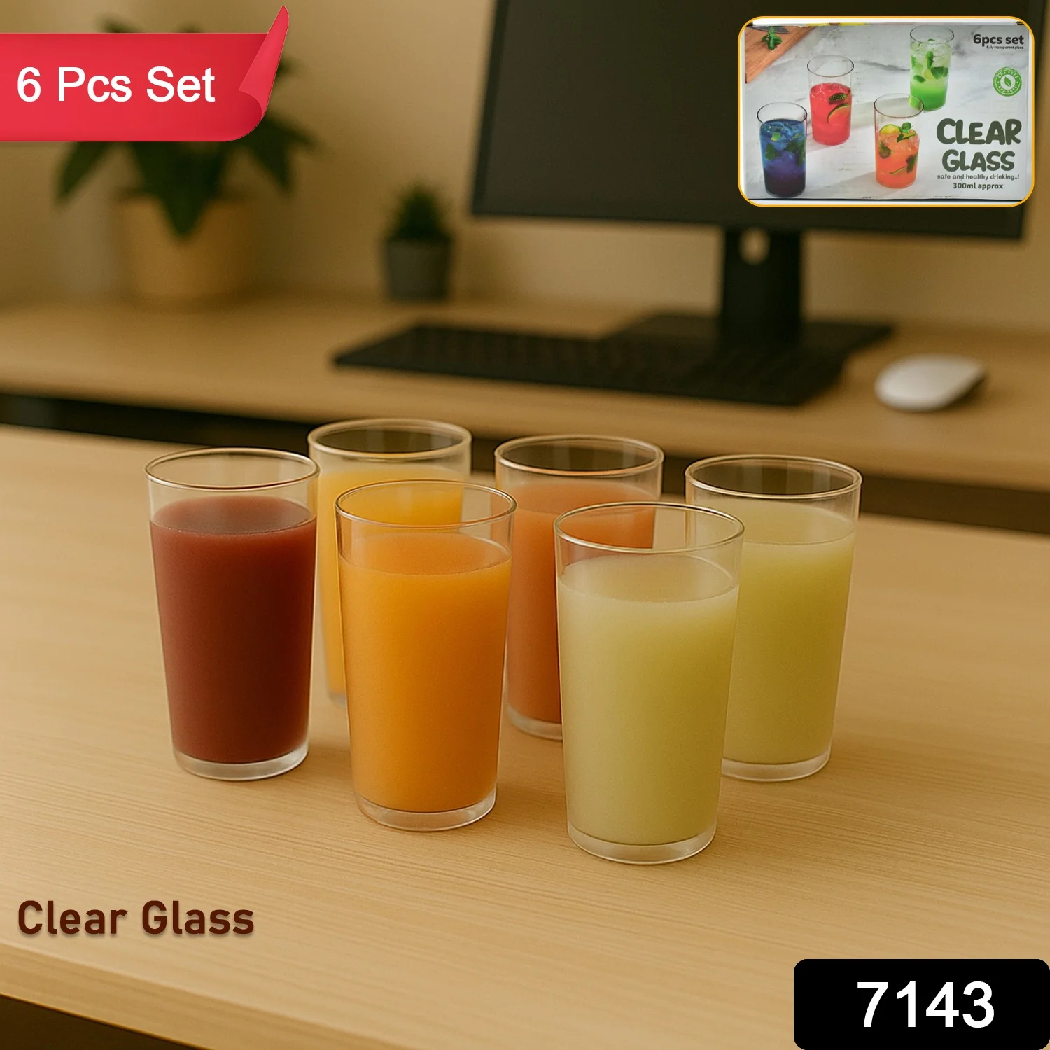Round Clear Plastic Unbreakable Transparent Glass Set ( 300ml 6pc ) - Image 2