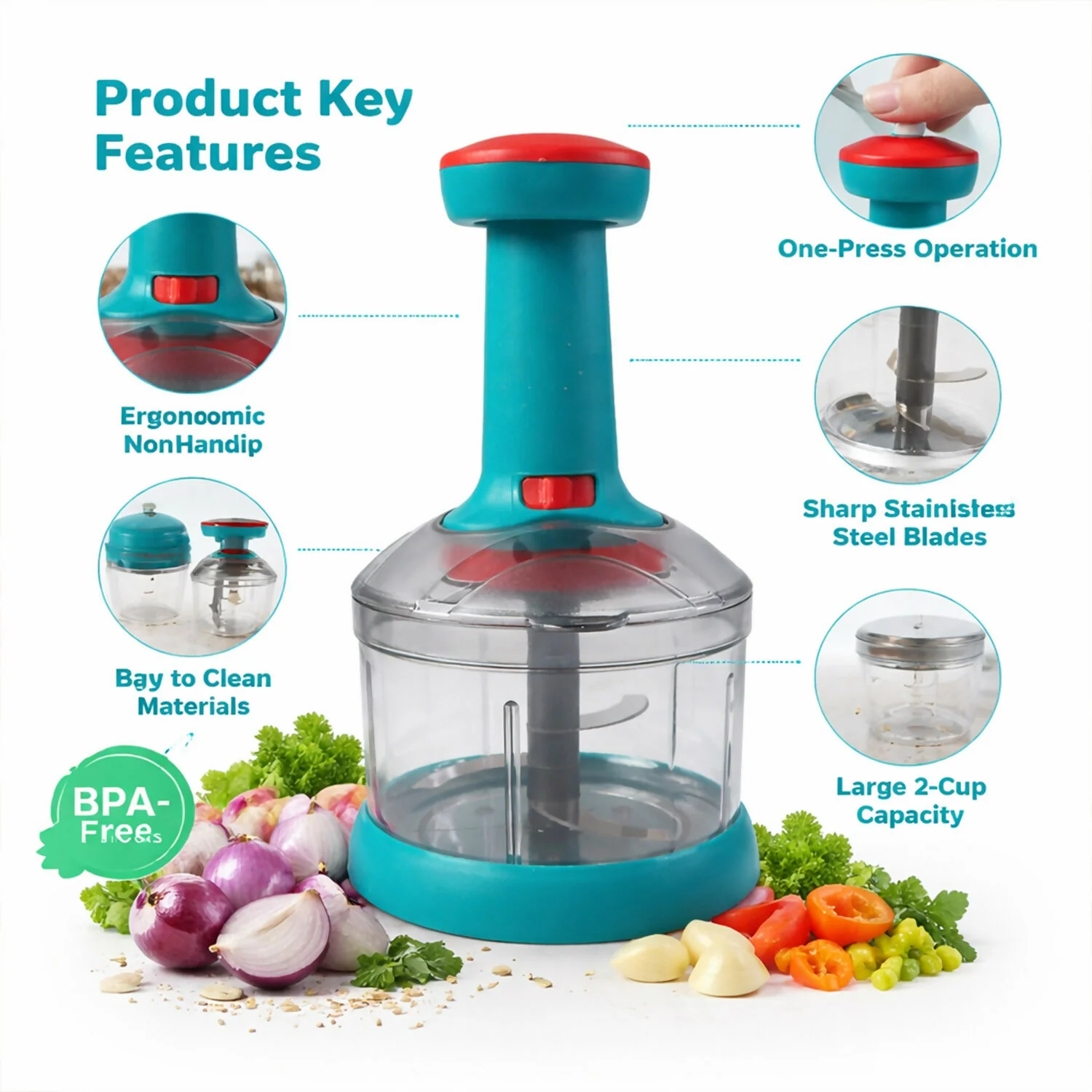750ml Manual Push Chopper – Hand Press Vegetable Cutter & Food Processor for Onion, Garlic, Nuts & Salad - Image 3