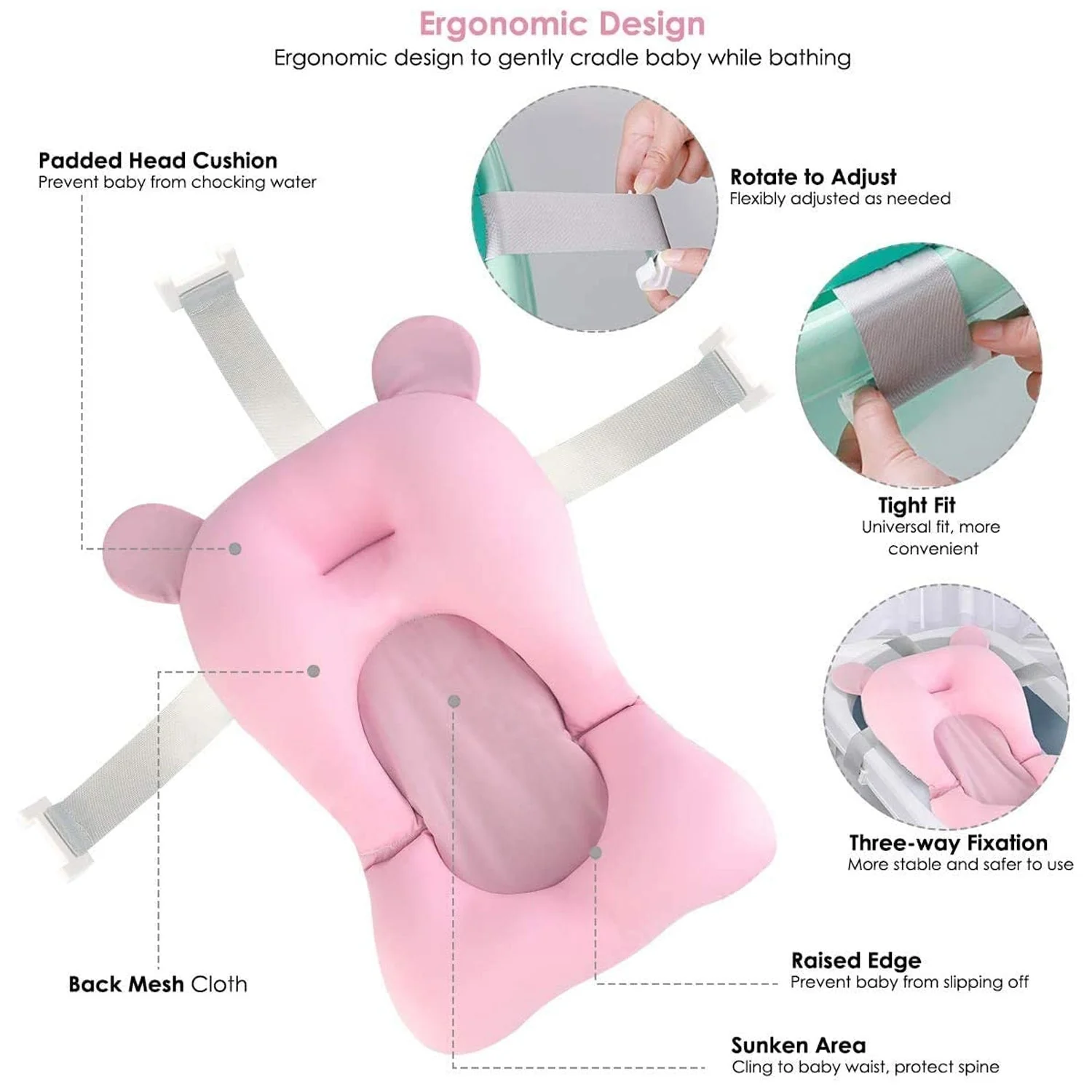 Baby Bath Pillow Newborn Anti-Slip Bathtub Pad Foldable with Strap For 0-6 Month Baby - Image 6