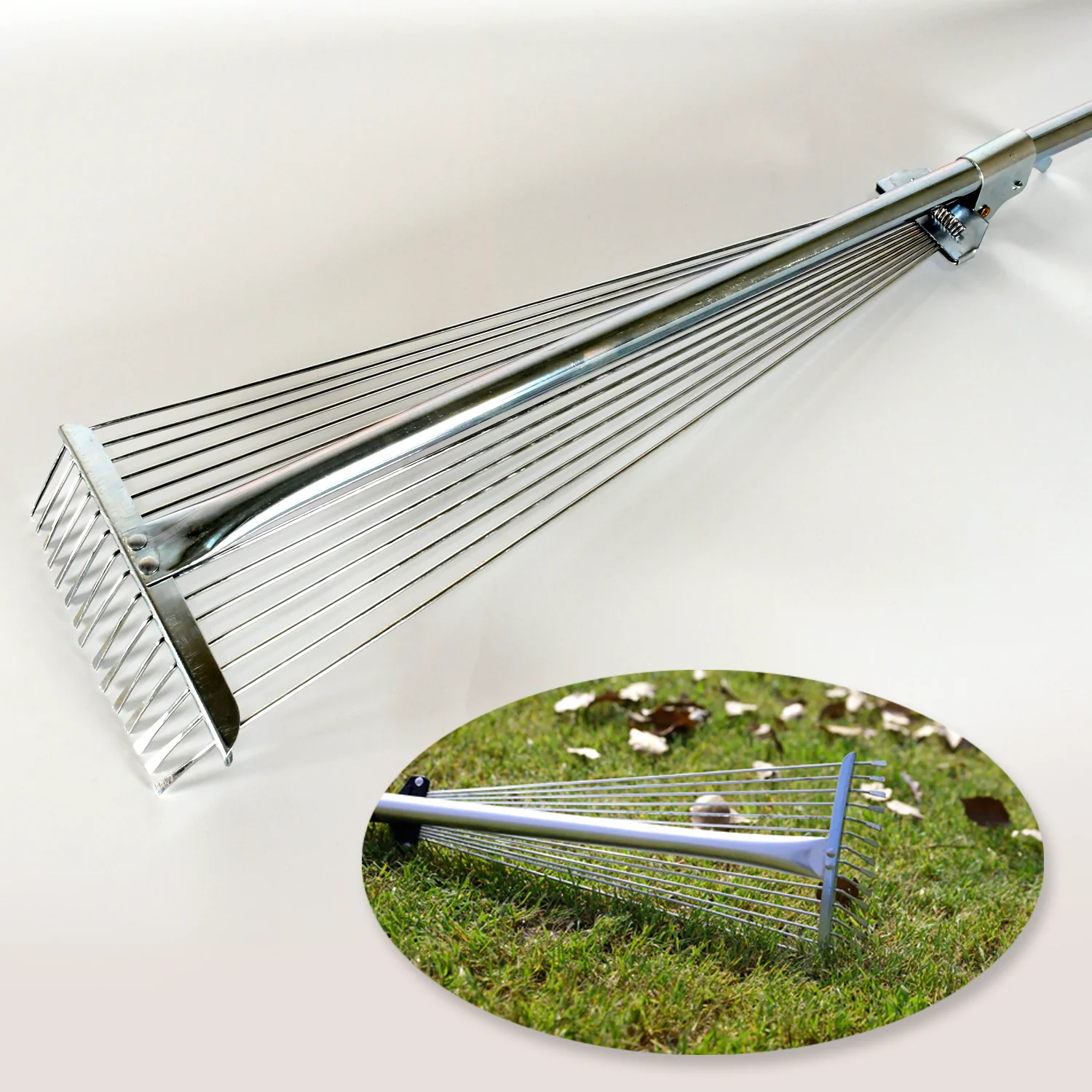 115-152 CM Rake for Gardening, Stainless Steel Telescopic Garden Rake for Quick Clean Up of Lawn and Yard, Adjustable Rake Claws Spacing Garden Broom with Long Handle for Clean Leaves (MOQ :- 12 pc) - Image 5