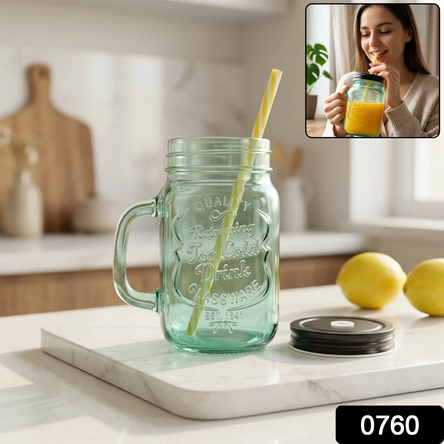 Drinking Cup / Glass / Mug Mason Jar with Handle & Straw - Image 2