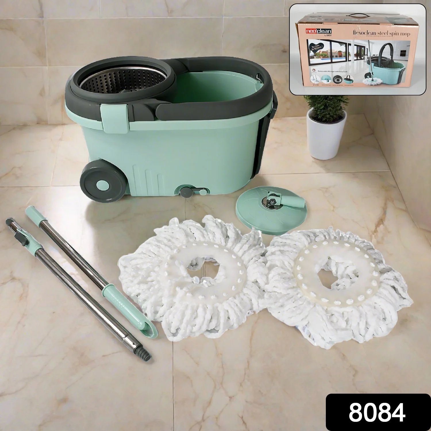 Ganesh Quick Spin Mop Steel Spin, Bucket Floor Cleaning 2 Micro fiber head / Refill - Image 2