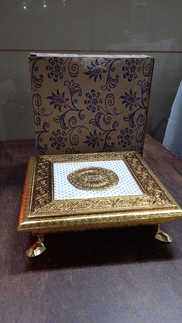 Golden - Square Pooja Chowki Patla / Bajot (20×20 CM / 1 Pc) - Image 8