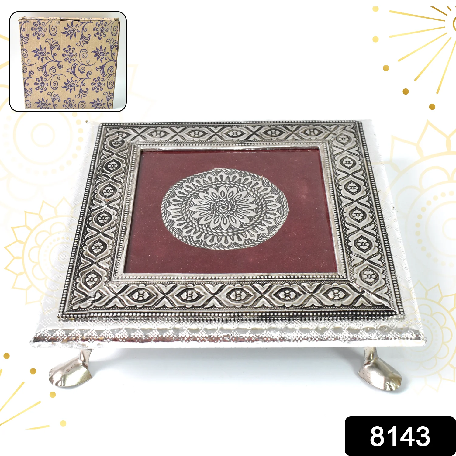 Silver - Square Pooja Chowki Patla / Bajot (20×20 CM / 1 Pc) - Image 2