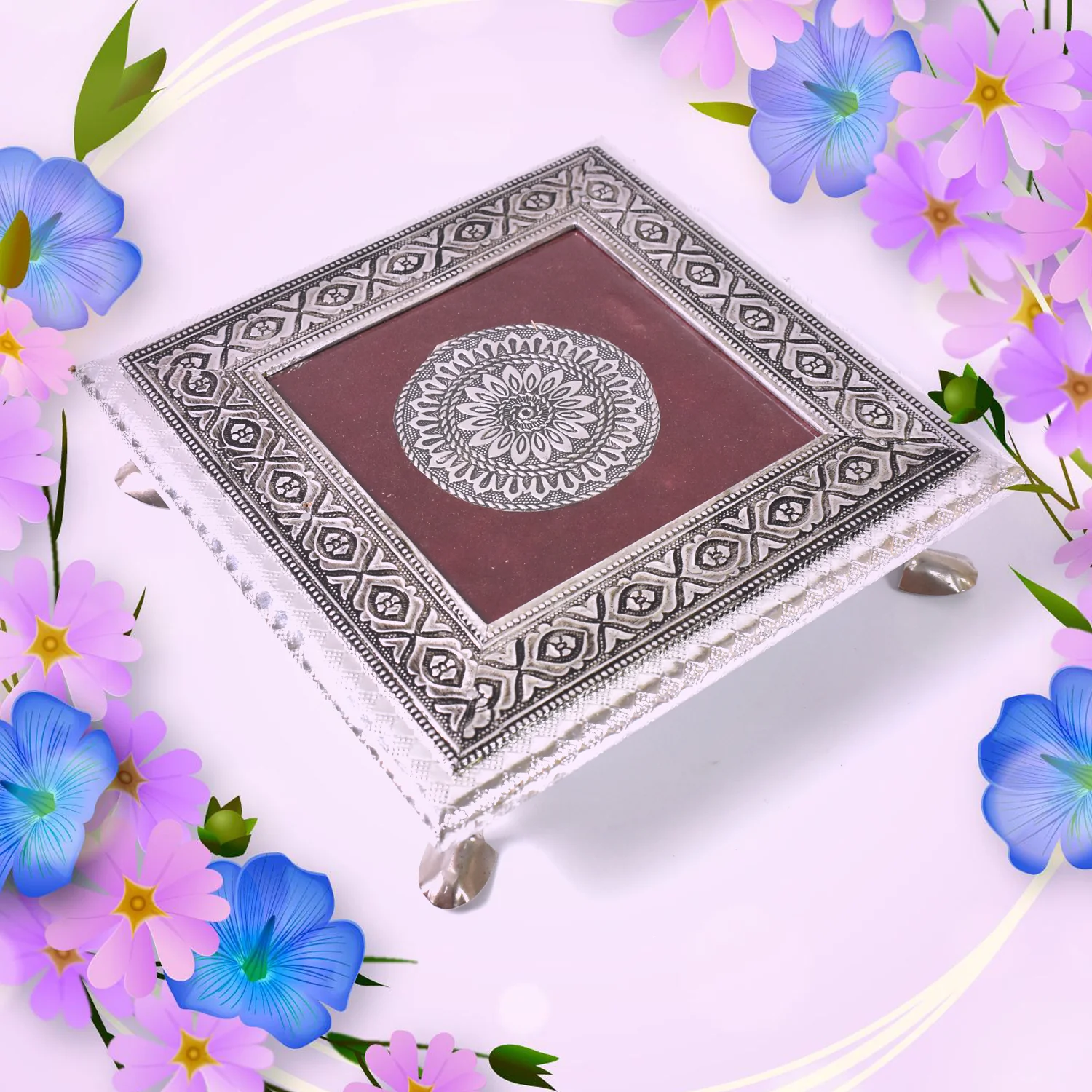 Silver - Square Pooja Chowki Patla / Bajot (20×20 CM / 1 Pc) - Image 4