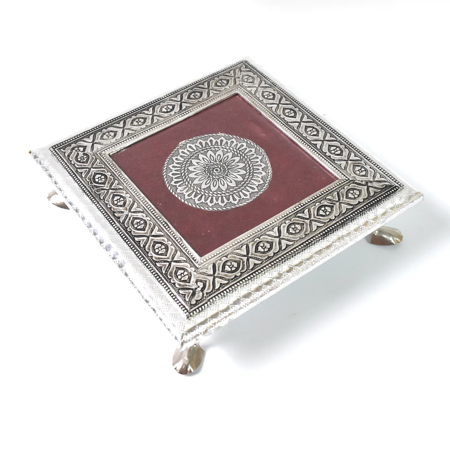 Silver - Square Pooja Chowki Patla / Bajot (20×20 CM / 1 Pc) - Image 5