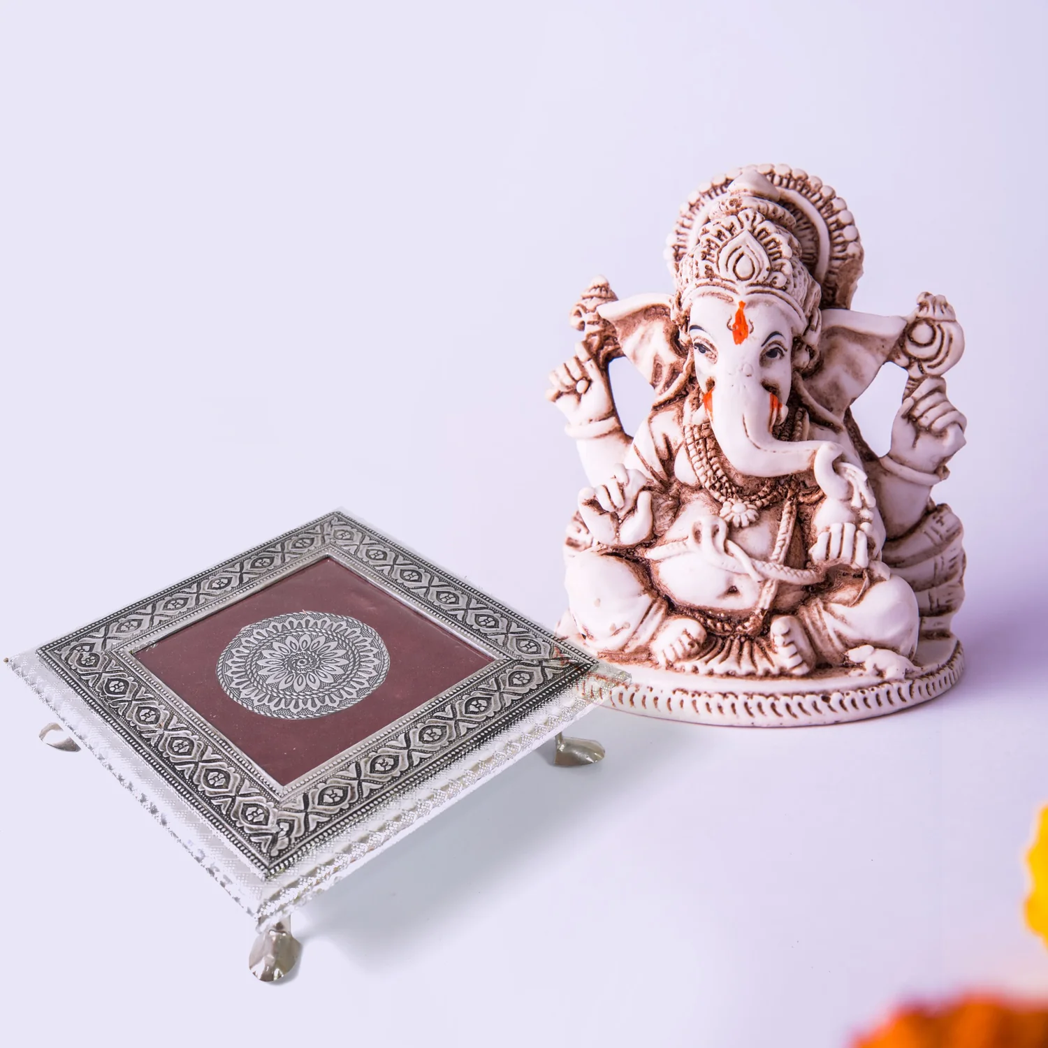 Silver - Square Pooja Chowki Patla / Bajot (20×20 CM / 1 Pc) - Image 7