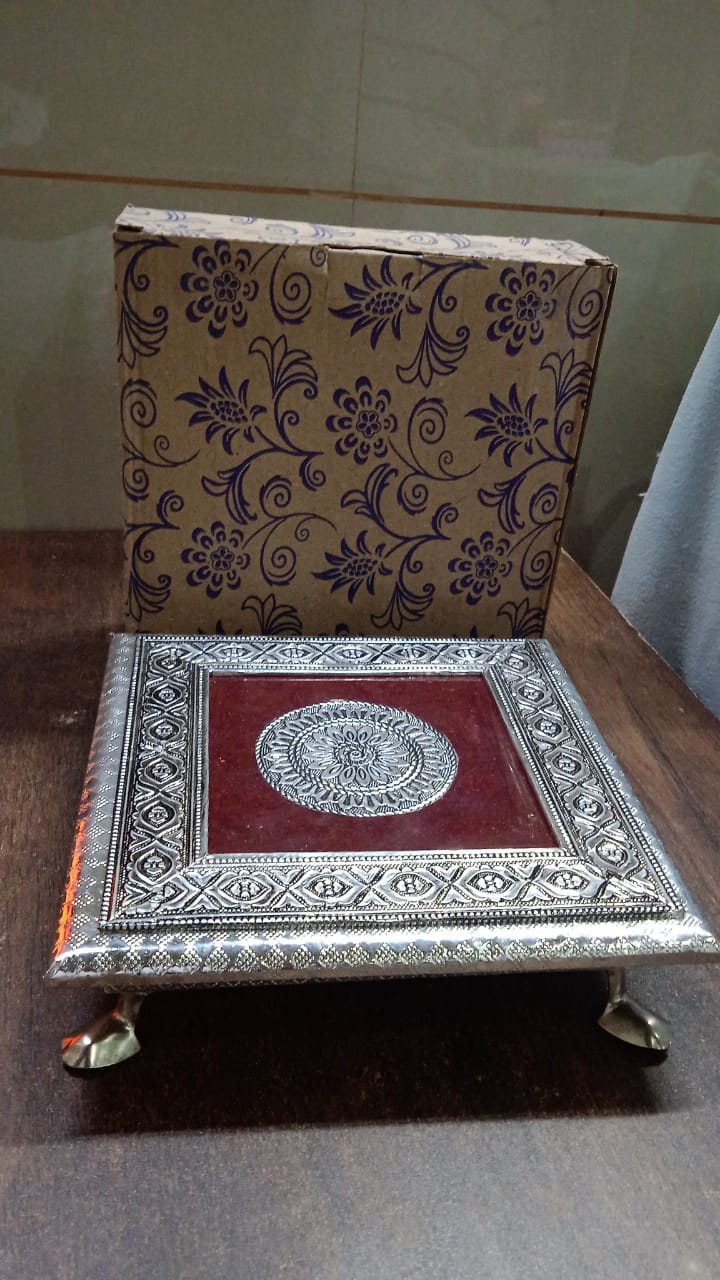 Silver - Square Pooja Chowki Patla / Bajot (20×20 CM / 1 Pc) - Image 8