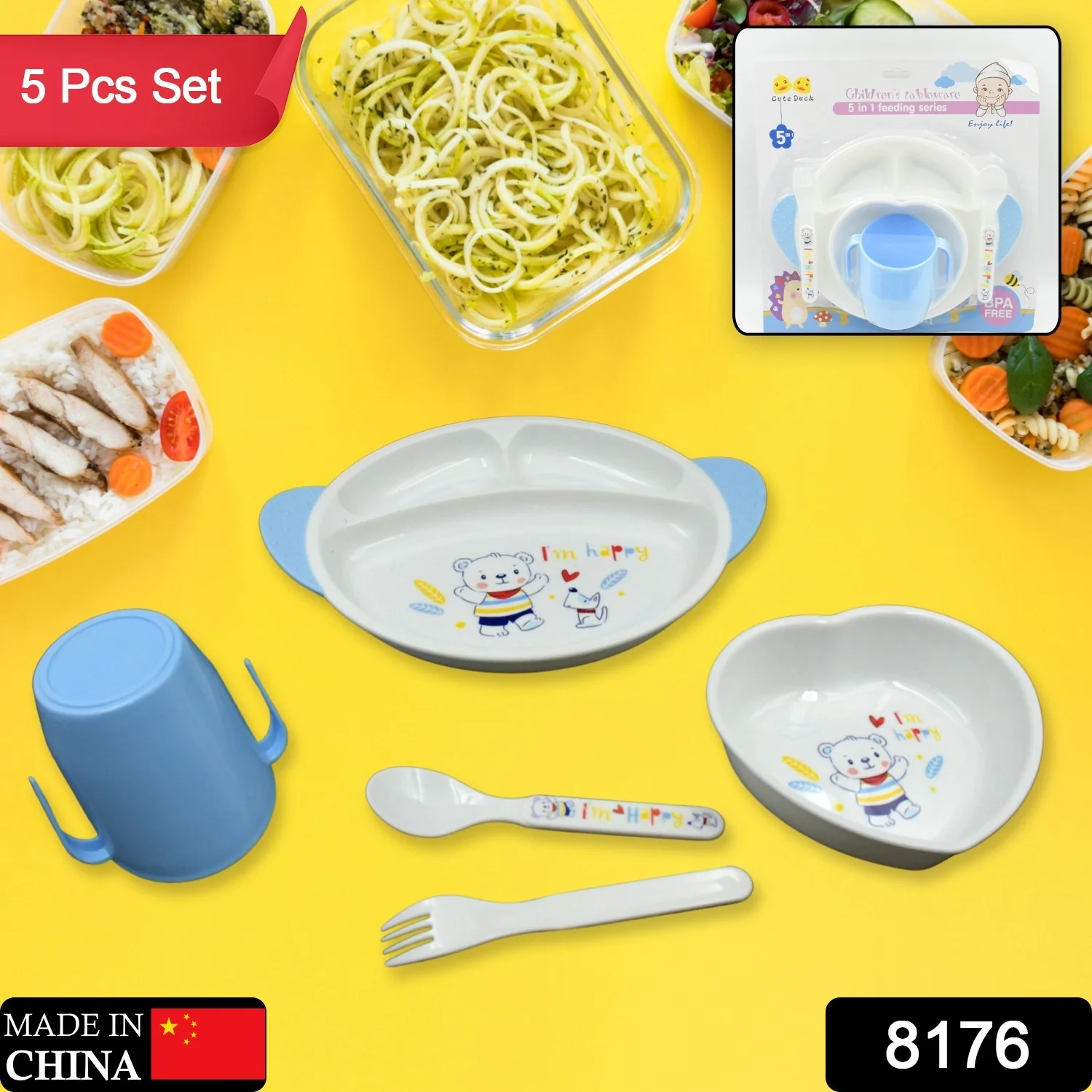 5in1 Baby Feeding Set for Kids and Toddlers,Children Children Dinnerware Set - Feeding Set for Kids, Cartoon Design Plate, Cup, Spoon, Fork  Tableware Cutlery for Kids Microwave (5 Pcs Set) - Image 2