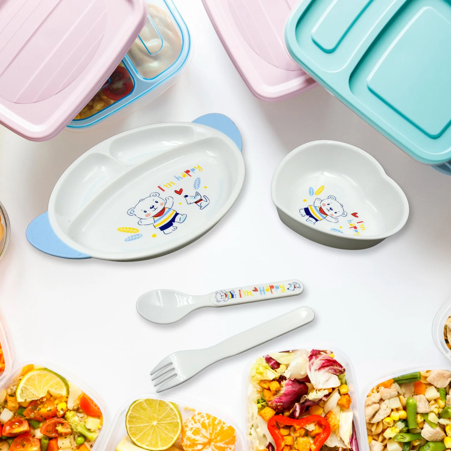 5in1 Baby Feeding Set for Kids and Toddlers,Children Children Dinnerware Set - Feeding Set for Kids, Cartoon Design Plate, Cup, Spoon, Fork  Tableware Cutlery for Kids Microwave (5 Pcs Set) - Image 3