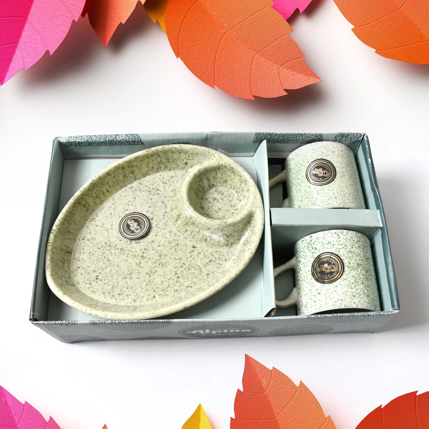 Ceramic Tea/Coffee Cup Set - Alpino 3-Piece 2-Compartment Serving Platter (BPA-Free) - Image 3