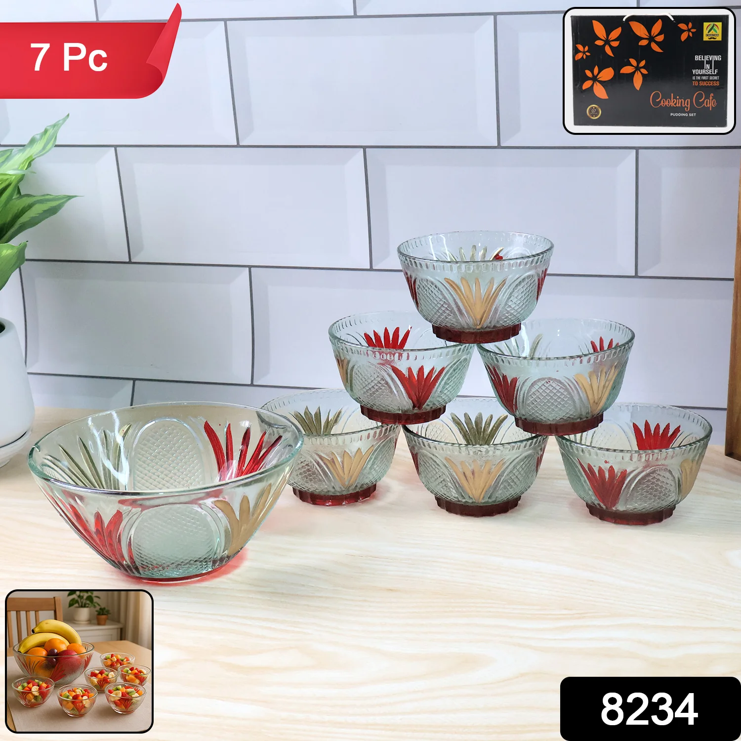 Rose glass Multipurpose Pudding / Dessert / Ice Cream Bowl Set for Home use, Home & Kitchen Serving Bowl for Sundae, Sweets, Snacks, Fruit, Pudding, Nuts or Dip, Serving Bowls 6 Medium & 1 Big Bowl (Set of 7 pc) - Image 2