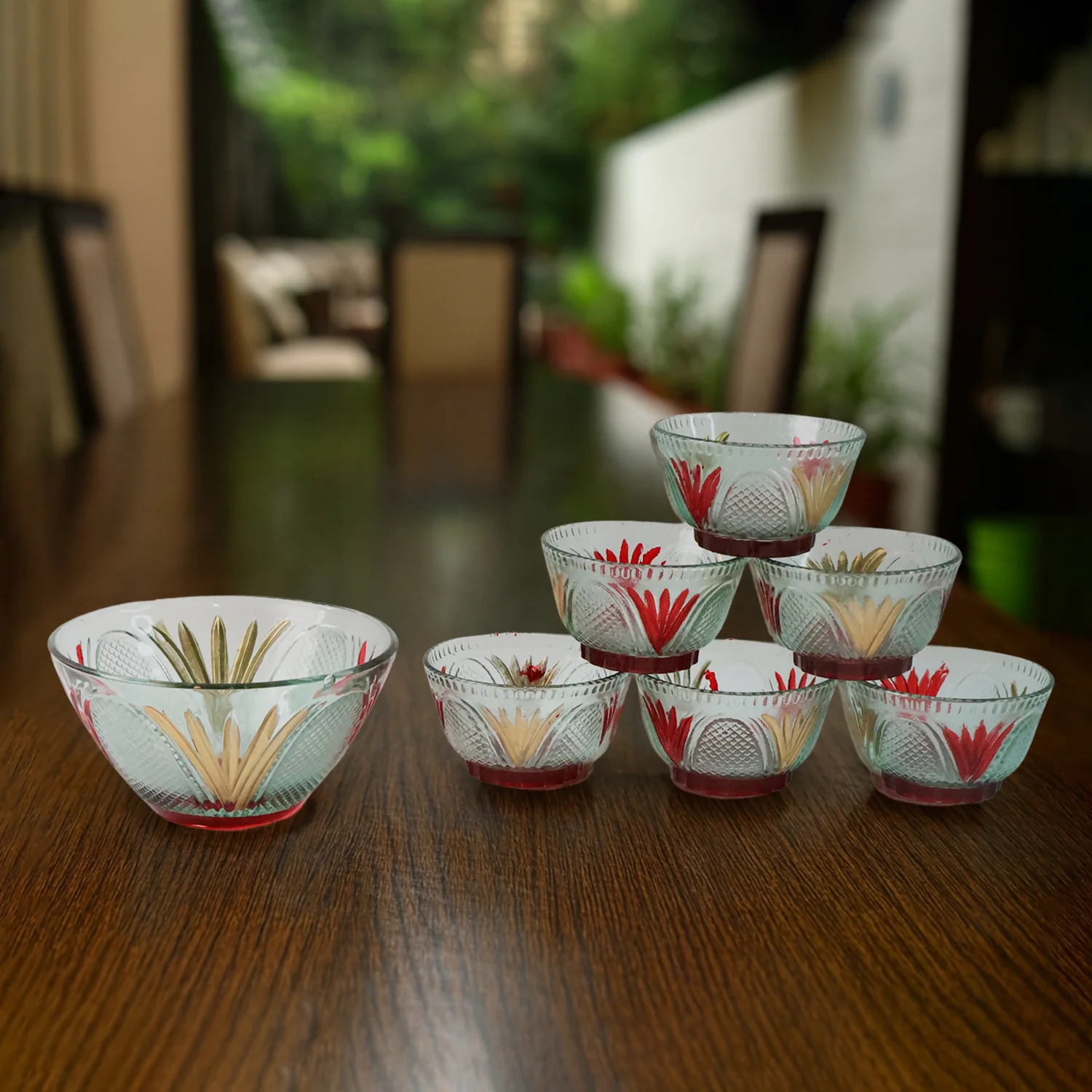 Rose glass Multipurpose Pudding / Dessert / Ice Cream Bowl Set for Home use, Home & Kitchen Serving Bowl for Sundae, Sweets, Snacks, Fruit, Pudding, Nuts or Dip, Serving Bowls 6 Medium & 1 Big Bowl (Set of 7 pc) - Image 3
