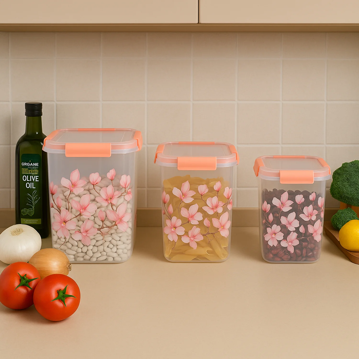 Square 3 Pcs Floral Printed Airtight Storage Container Set (3 Pcs Set) - Image 6