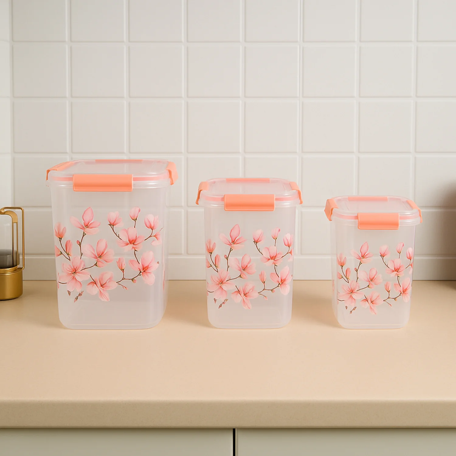 Square 3 Pcs Floral Printed Airtight Storage Container Set (3 Pcs Set) - Image 7